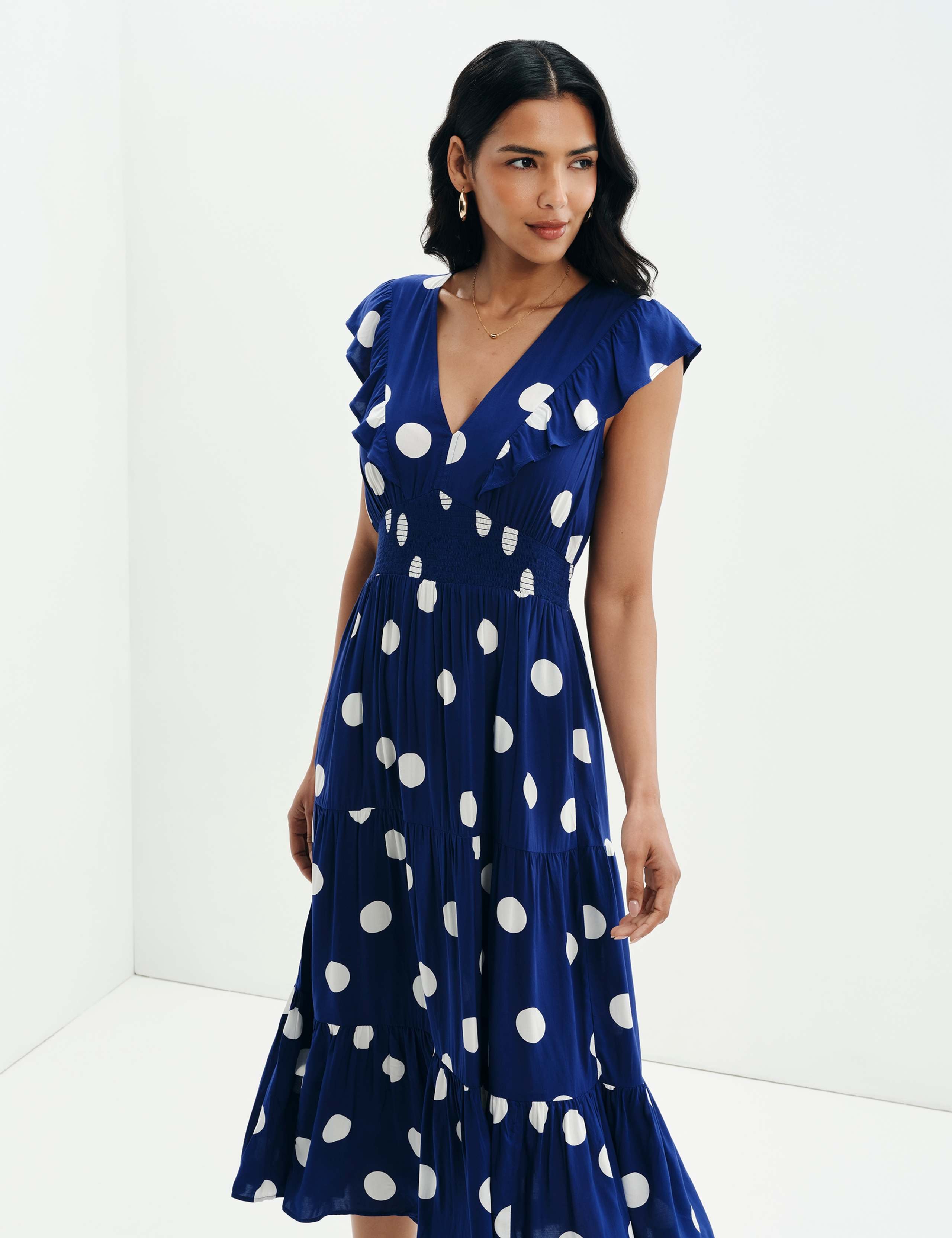 Voile Spot Print V-Neck Midi Tiered Dress 9 of 11