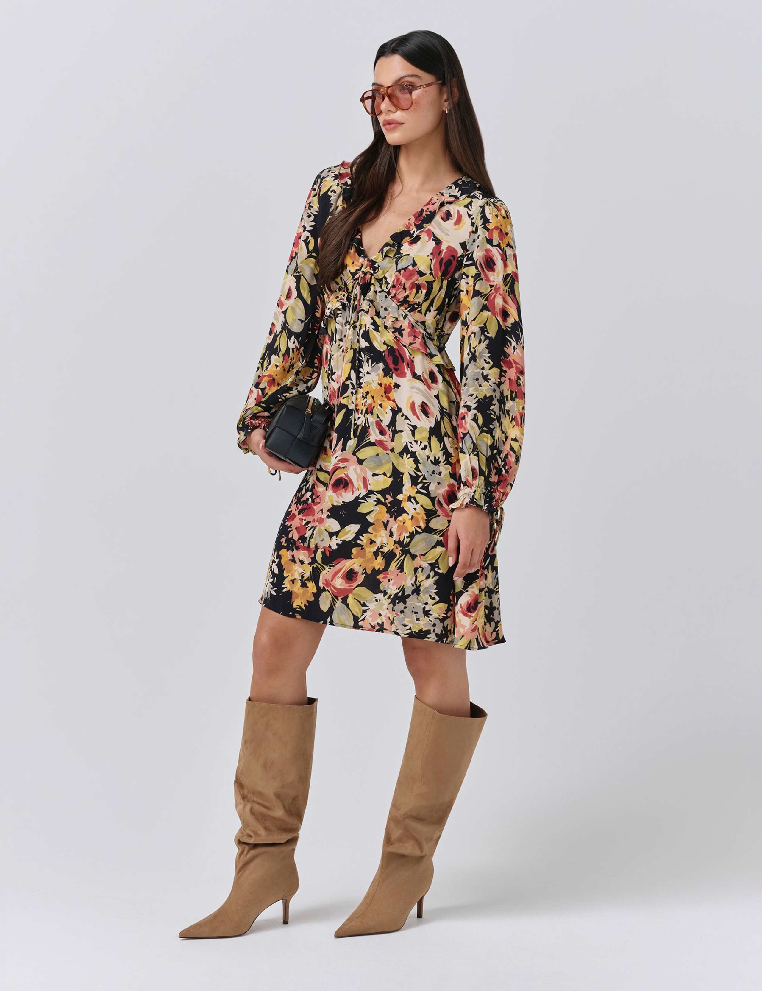 Crepe Floral V-Neck Mini Tea Dress 2 of 5