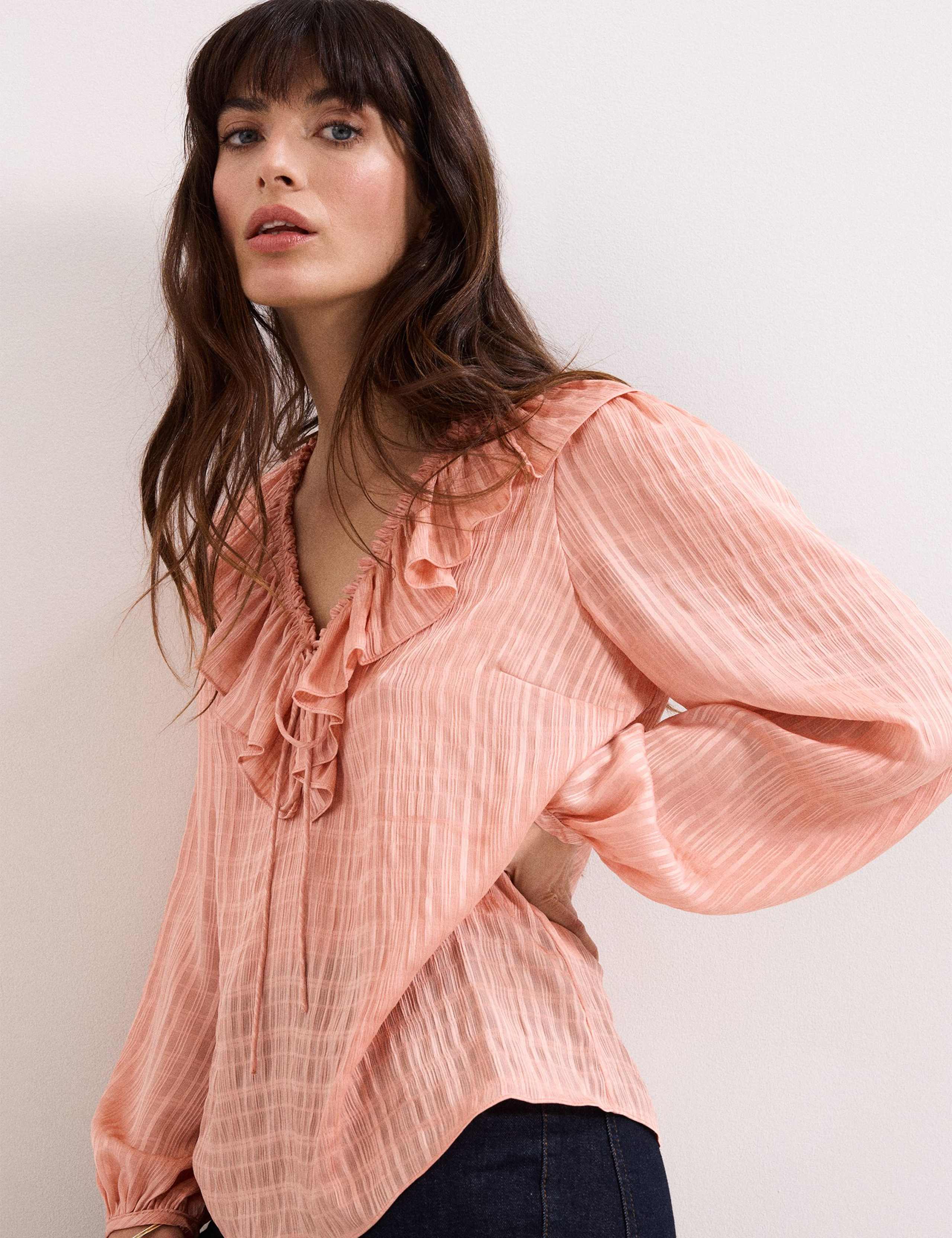 Textured Tie Neck Ruffle Blouse 3 of 5