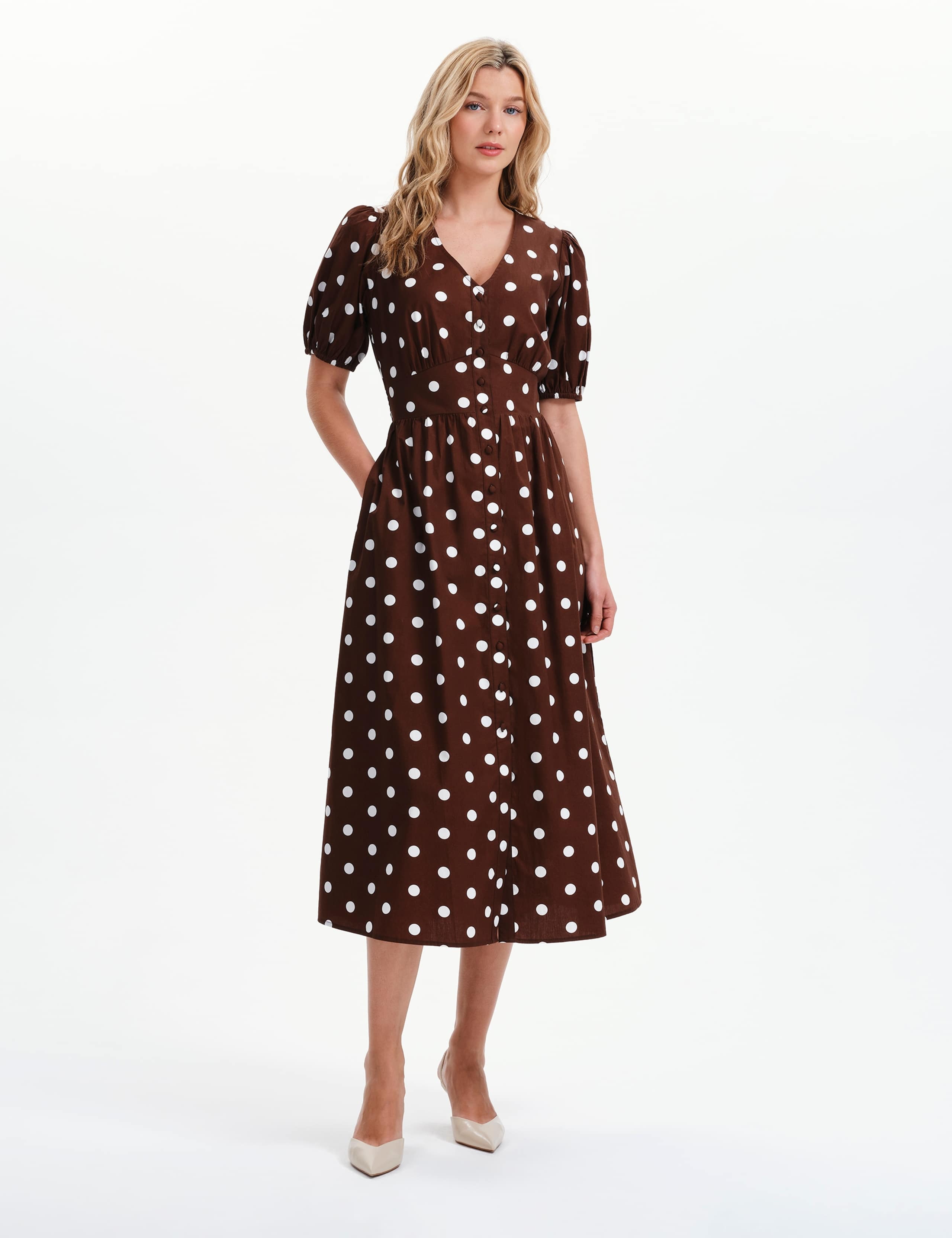 Pure Cotton Polka Dot V-Neck Midi Dress 2 of 8