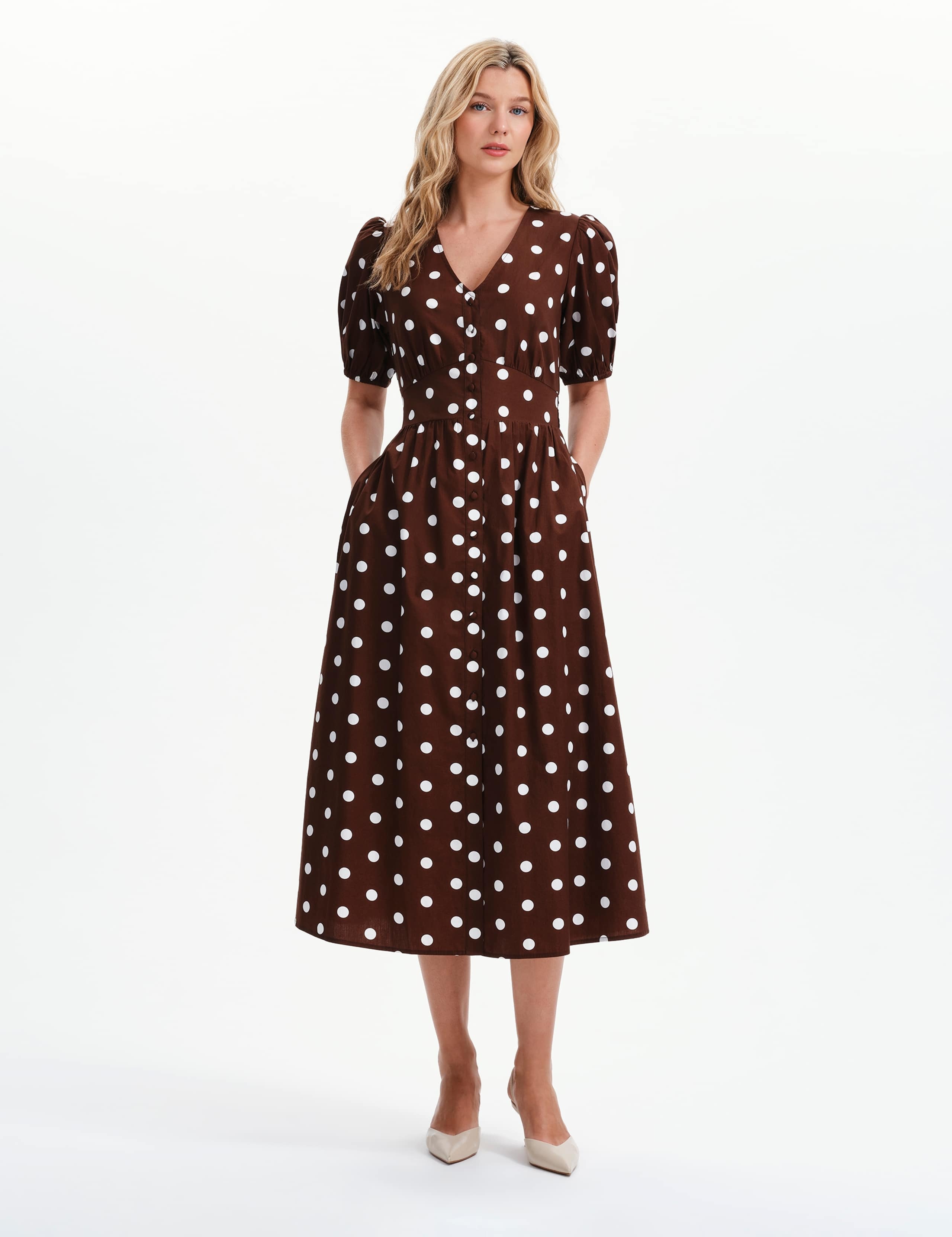 Pure Cotton Polka Dot V-Neck Midi Dress 3 of 8