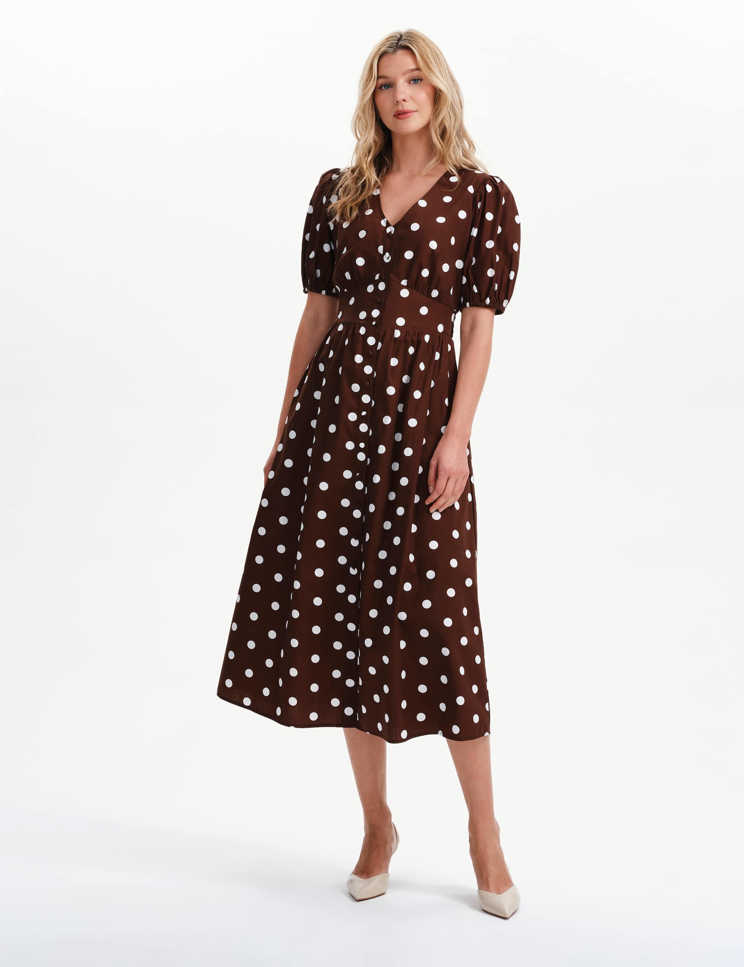 Pure Cotton Polka Dot V-Neck Midi Dress 4 of 8