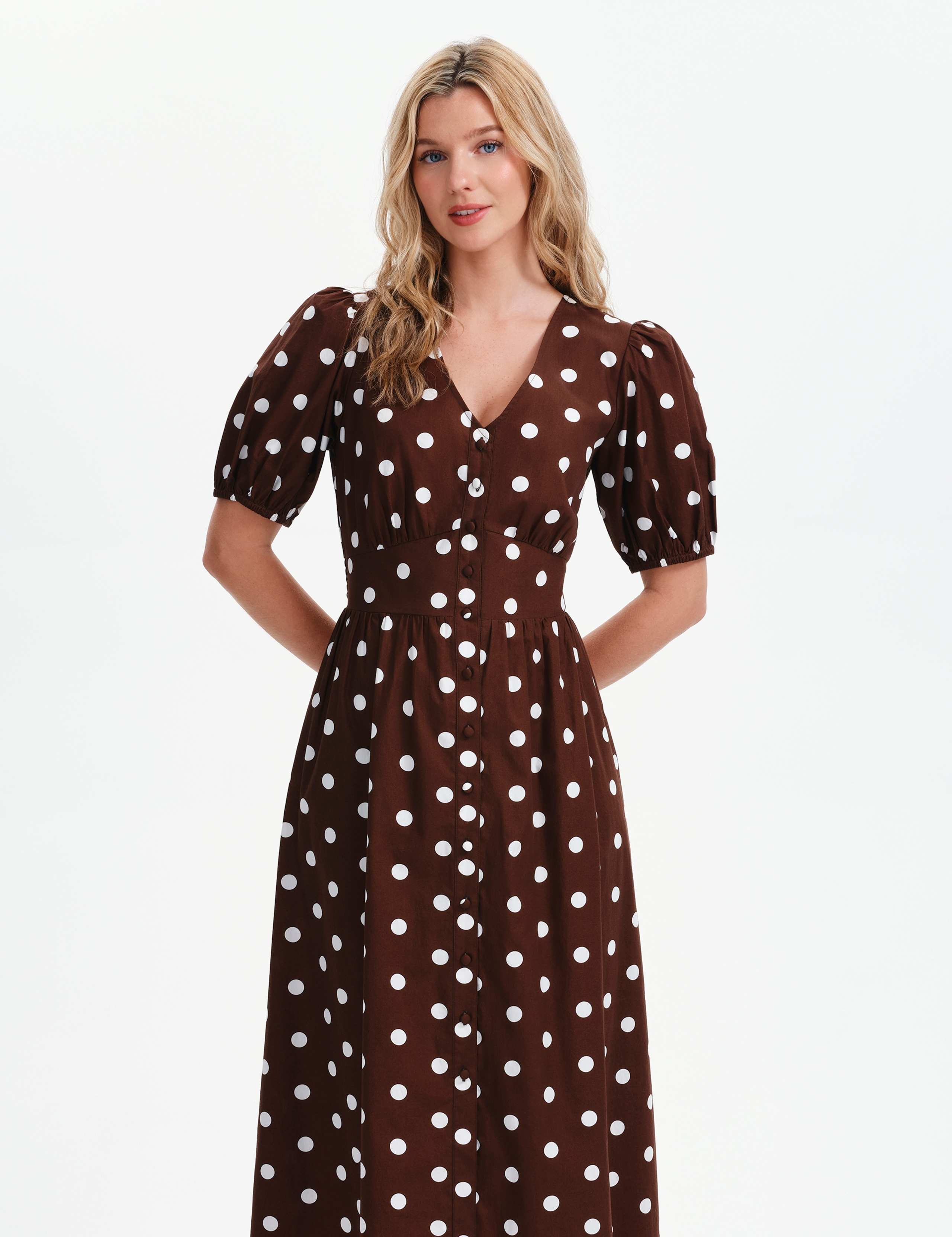 Pure Cotton Polka Dot V-Neck Midi Dress 6 of 8