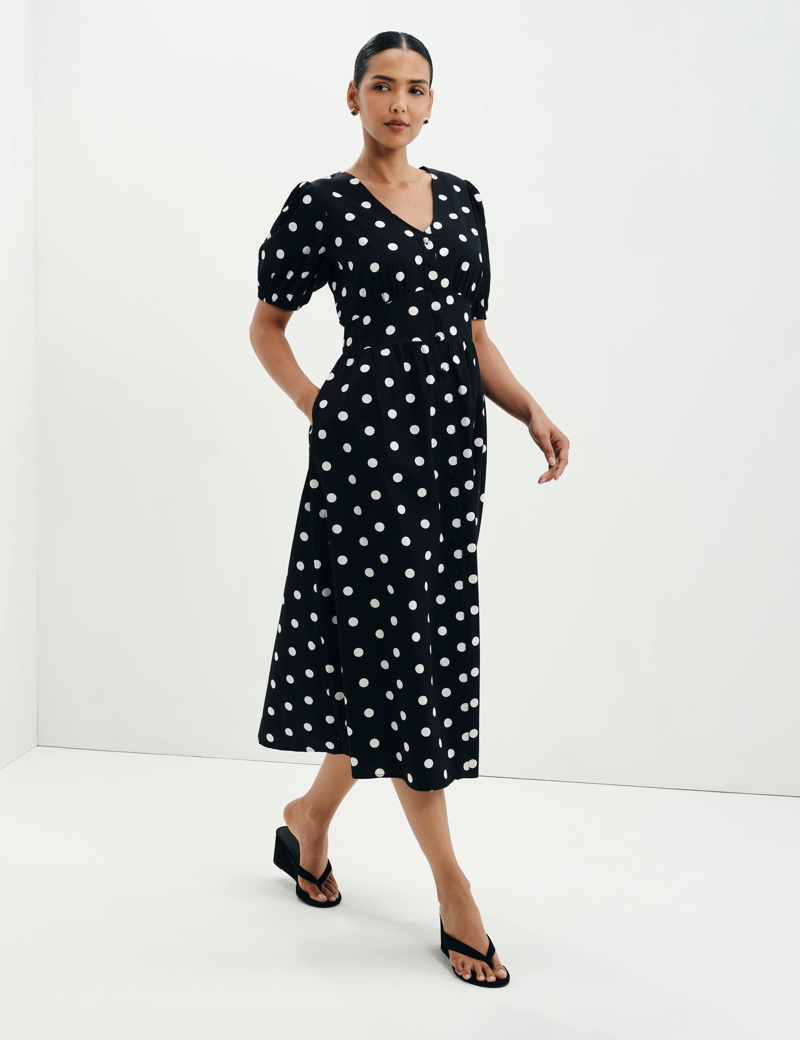 Pure Cotton Polka Dot V-Neck Midi Dress 1 of 9