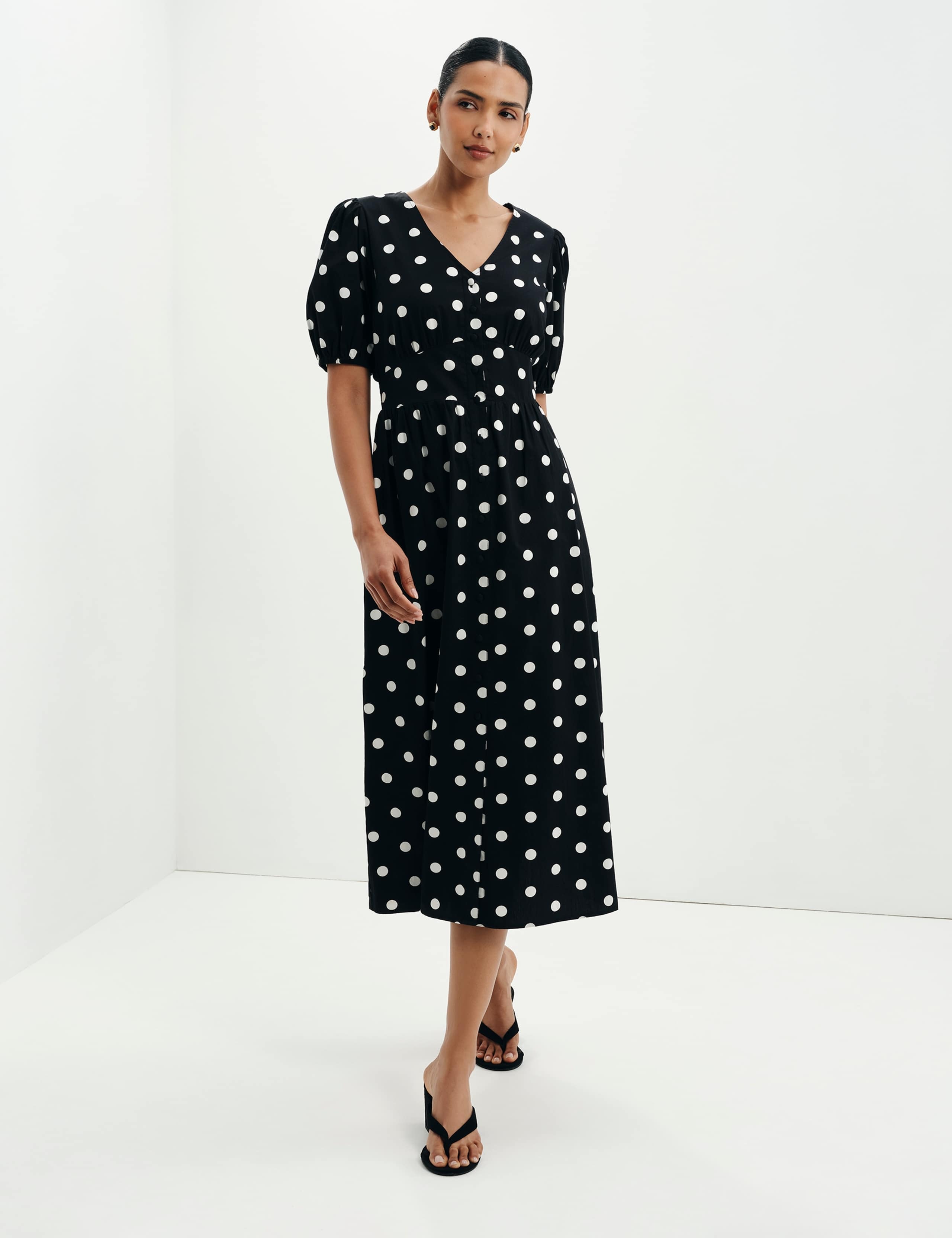 Pure Cotton Polka Dot V-Neck Midi Dress 2 of 9