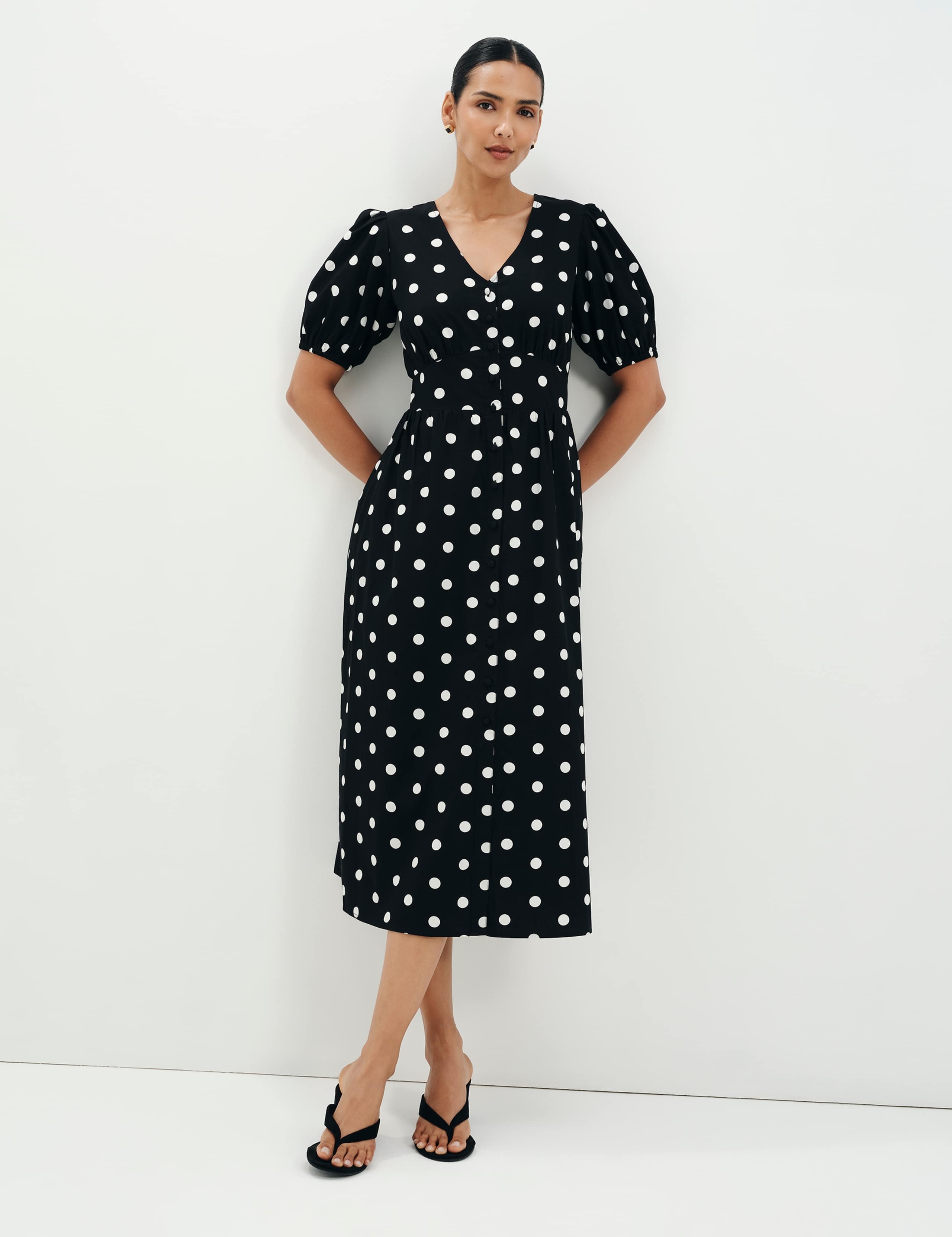 Pure Cotton Polka Dot V-Neck Midi Dress 3 of 9