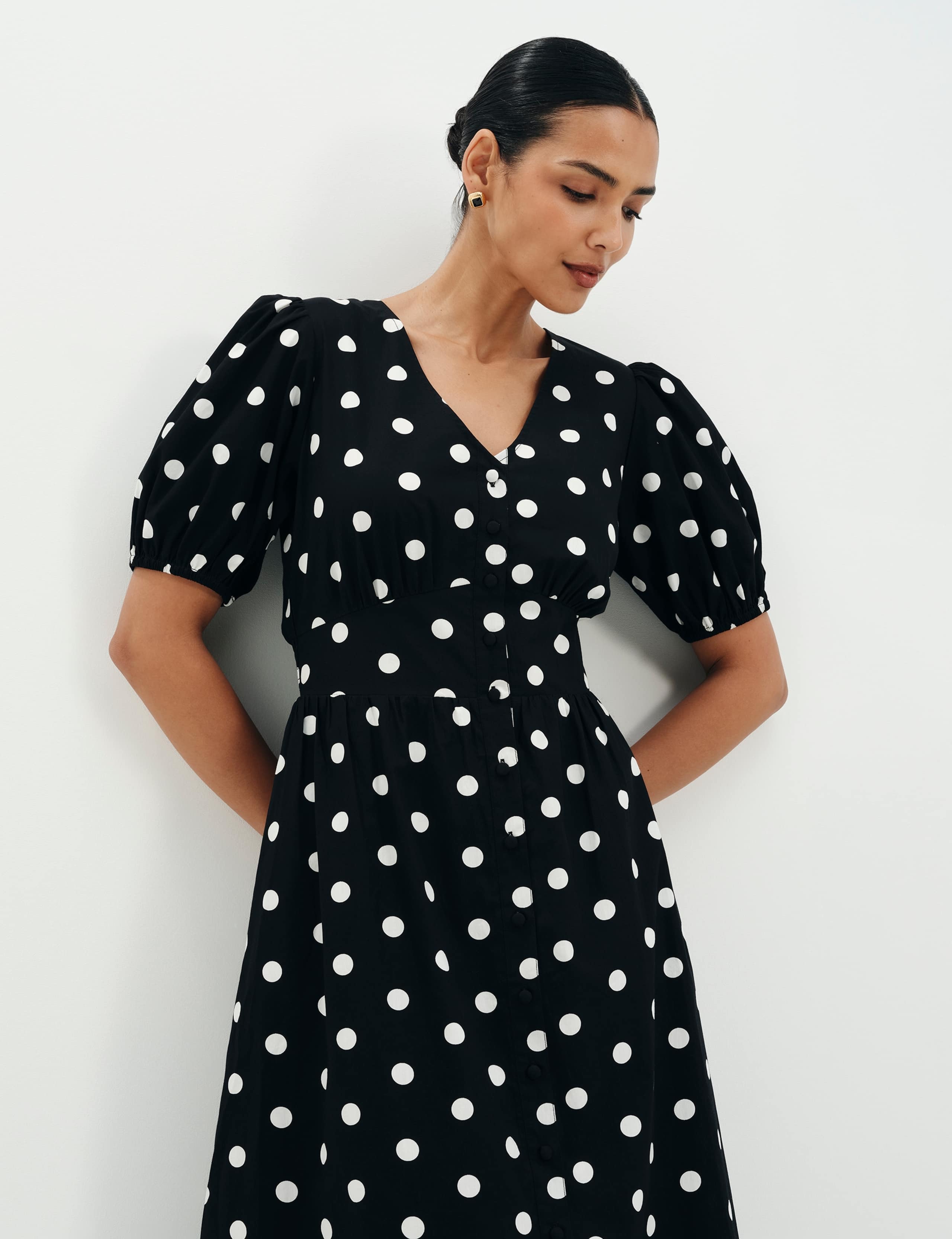 Pure Cotton Polka Dot V-Neck Midi Dress 4 of 9