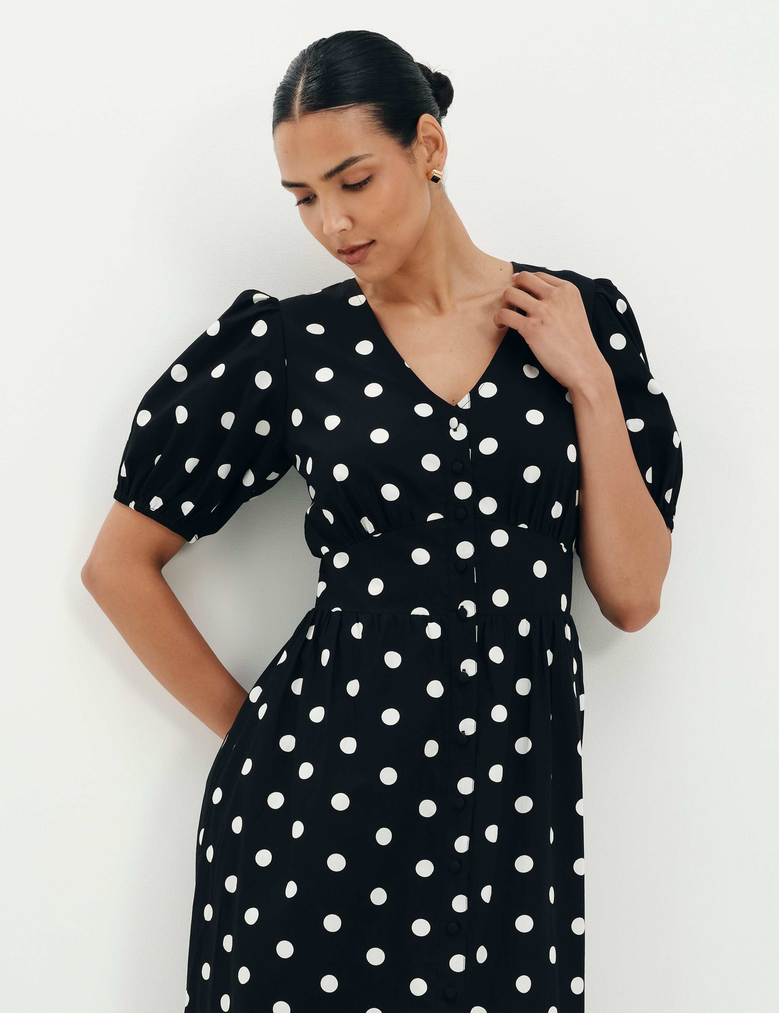 Pure Cotton Polka Dot V-Neck Midi Dress 5 of 9