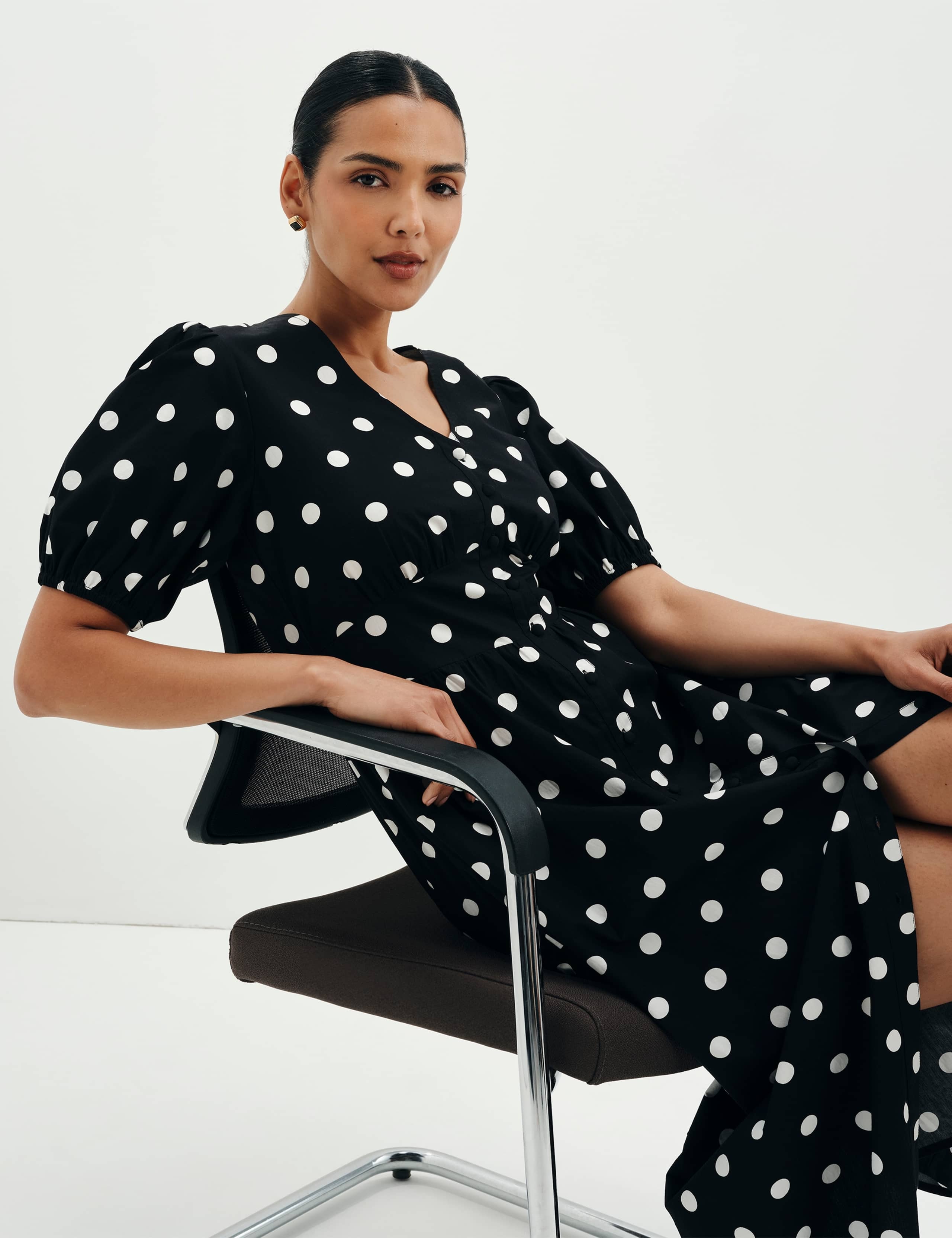 Pure Cotton Polka Dot V-Neck Midi Dress 6 of 9