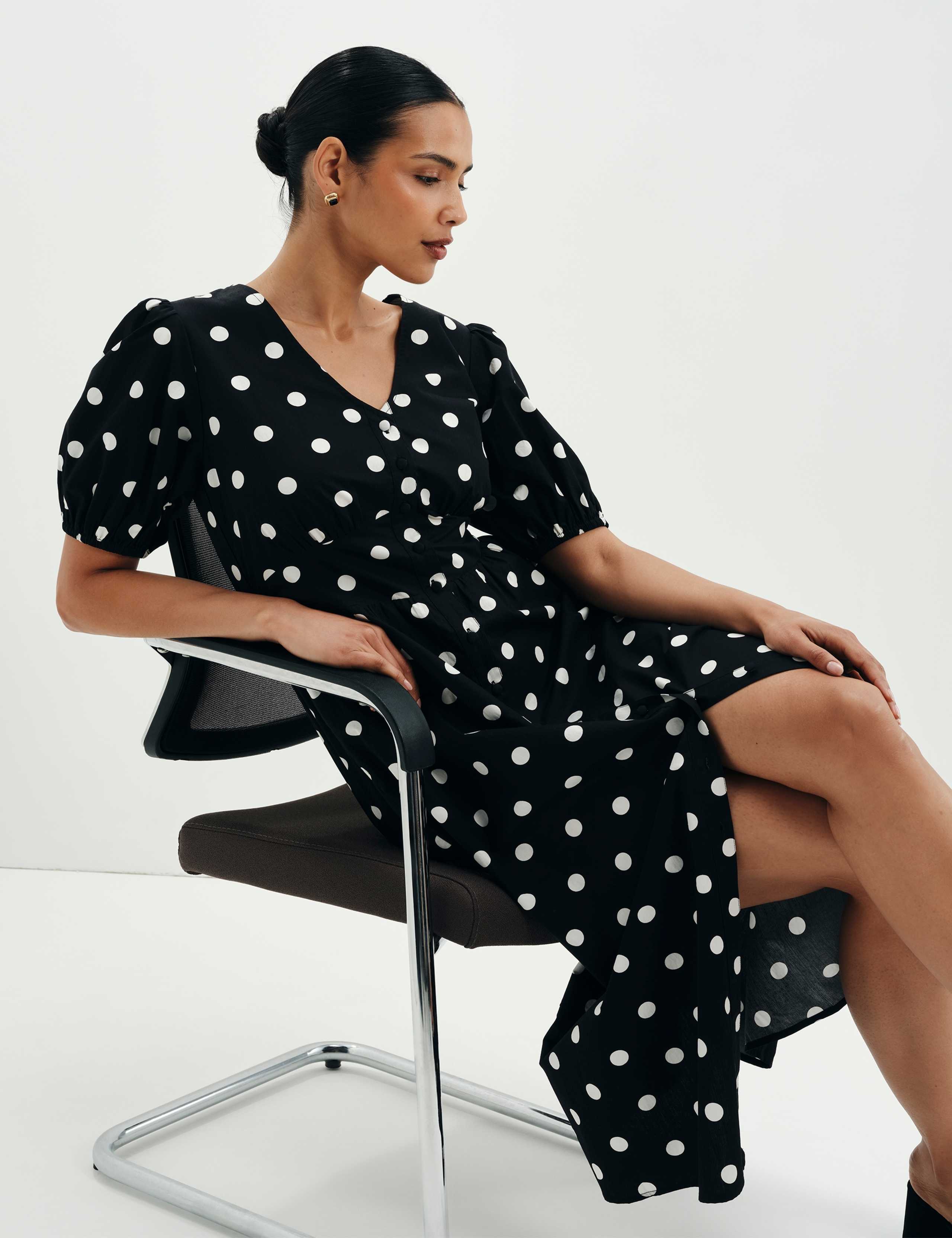 Pure Cotton Polka Dot V-Neck Midi Dress 7 of 9