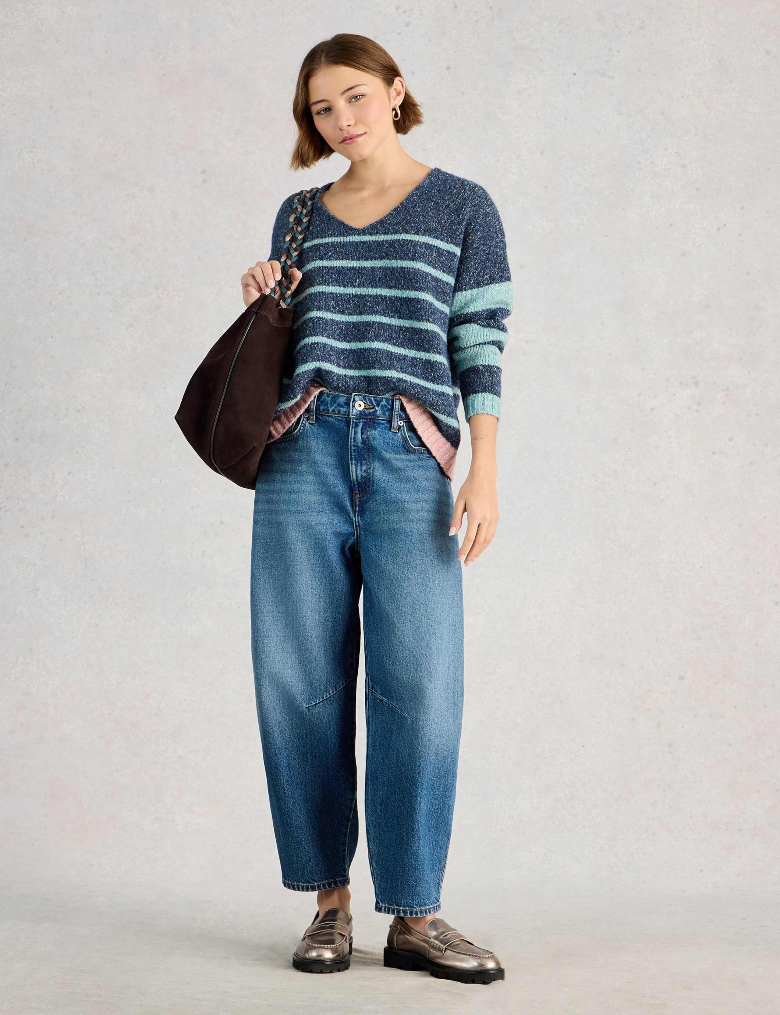 Pure Cotton Striped Textured V-Neck Jumper 1 of 6