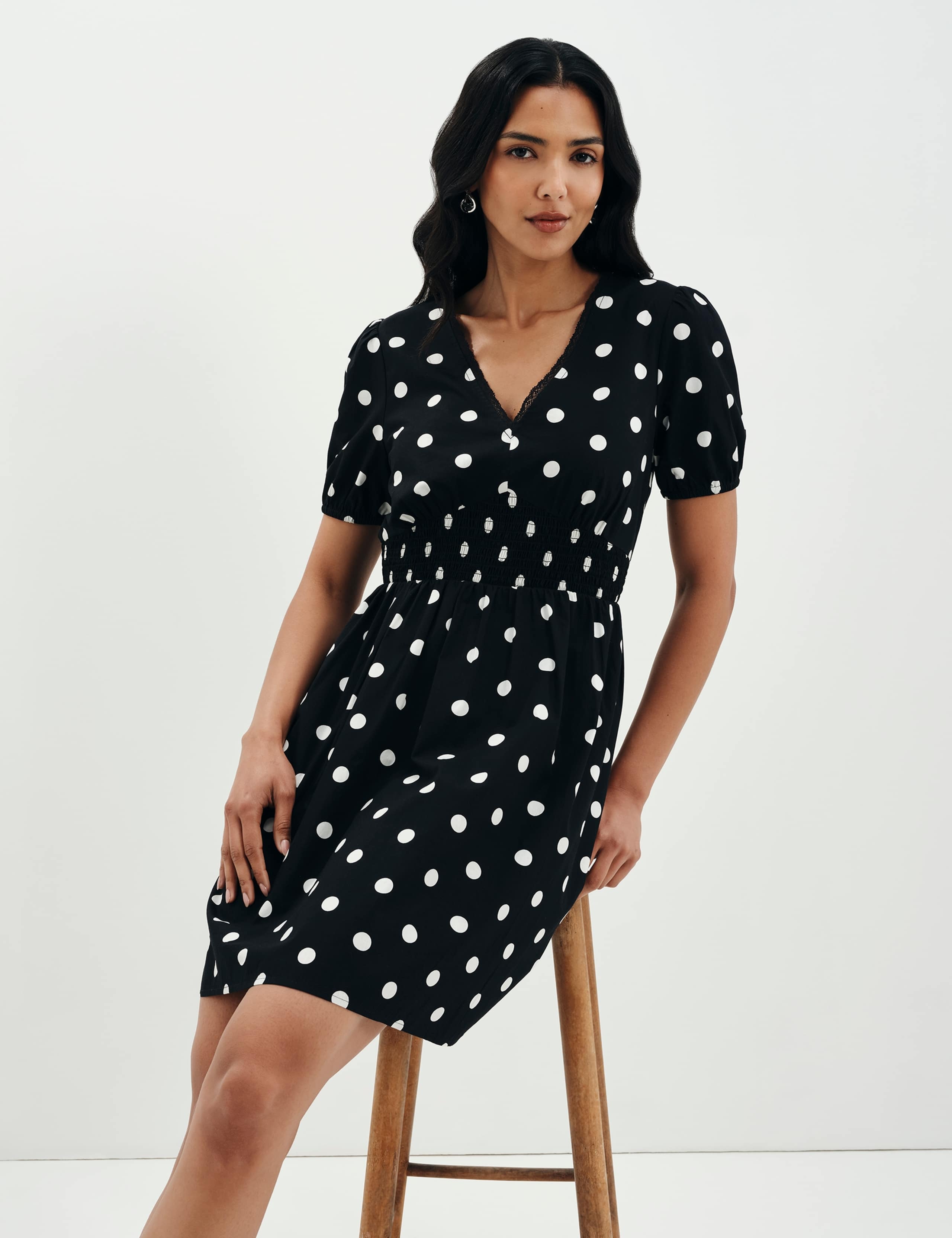 Pure Cotton Polka Dot V-Neck Mini Dress 1 of 9