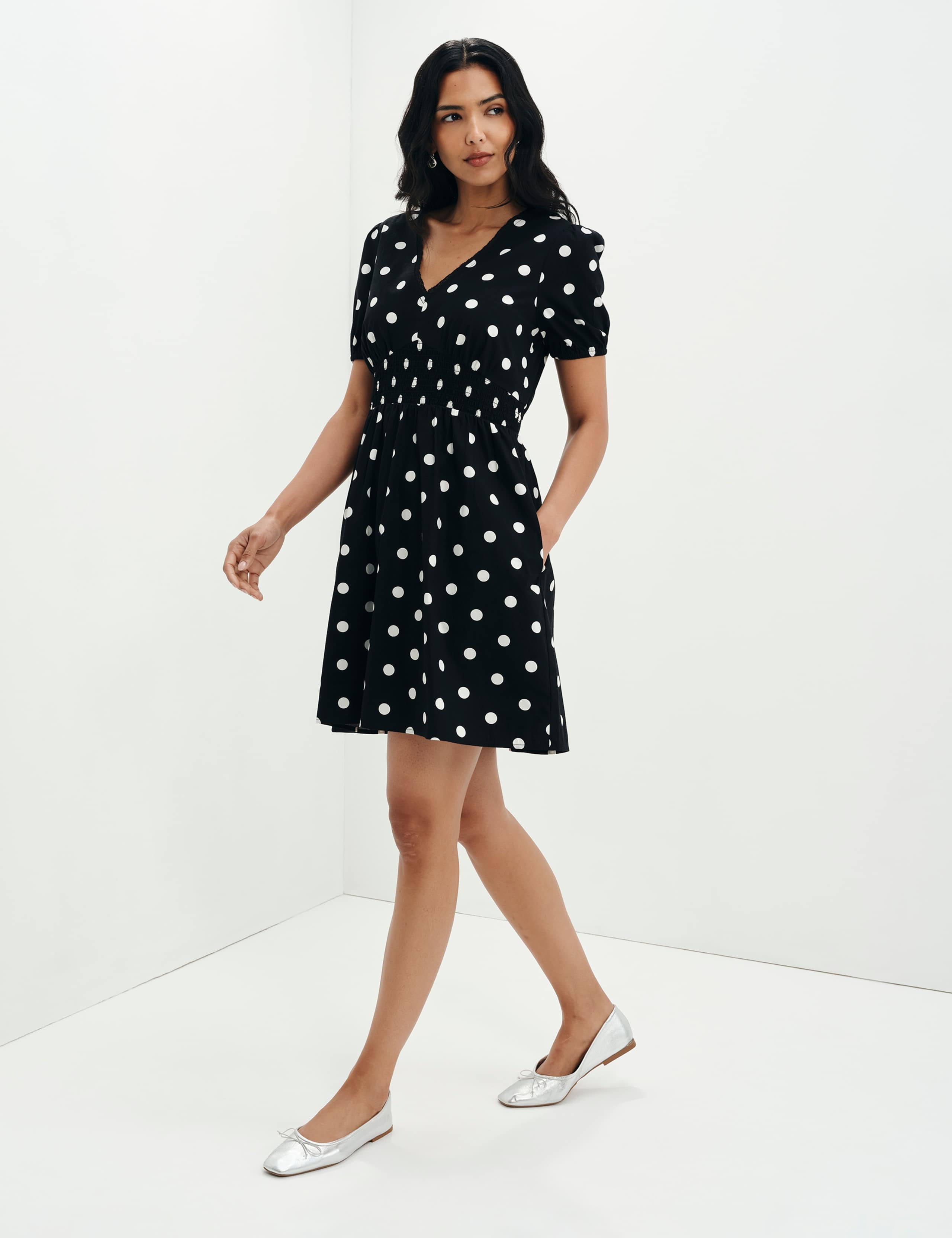 Pure Cotton Polka Dot V-Neck Mini Dress 2 of 9