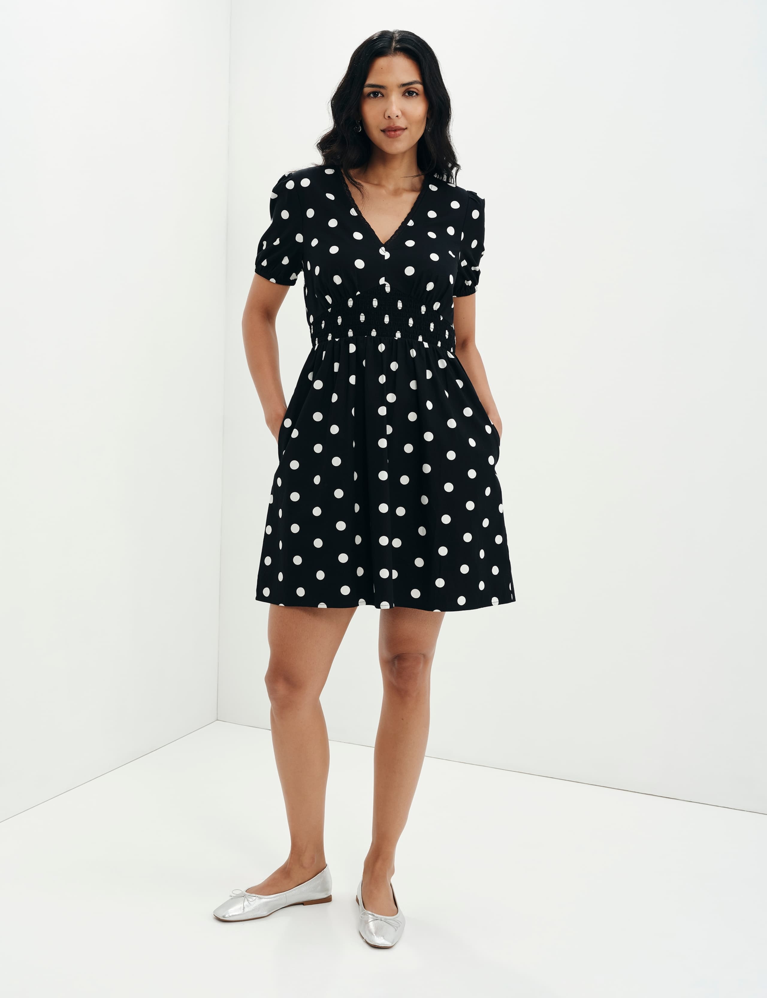 Pure Cotton Polka Dot V-Neck Mini Dress 3 of 9