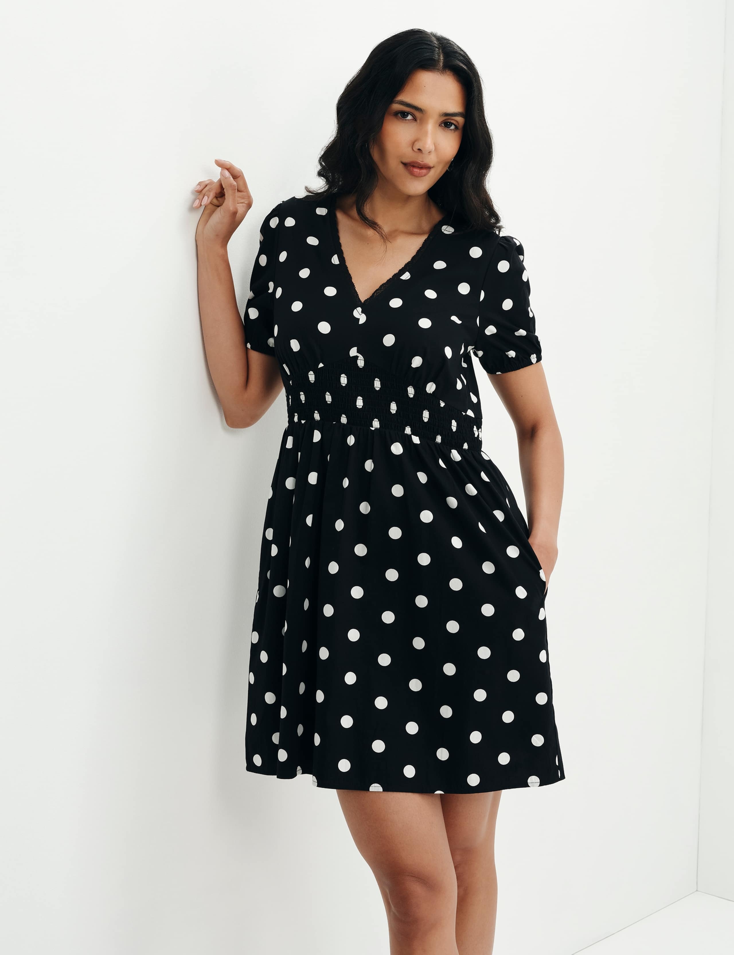 Pure Cotton Polka Dot V-Neck Mini Dress 4 of 9