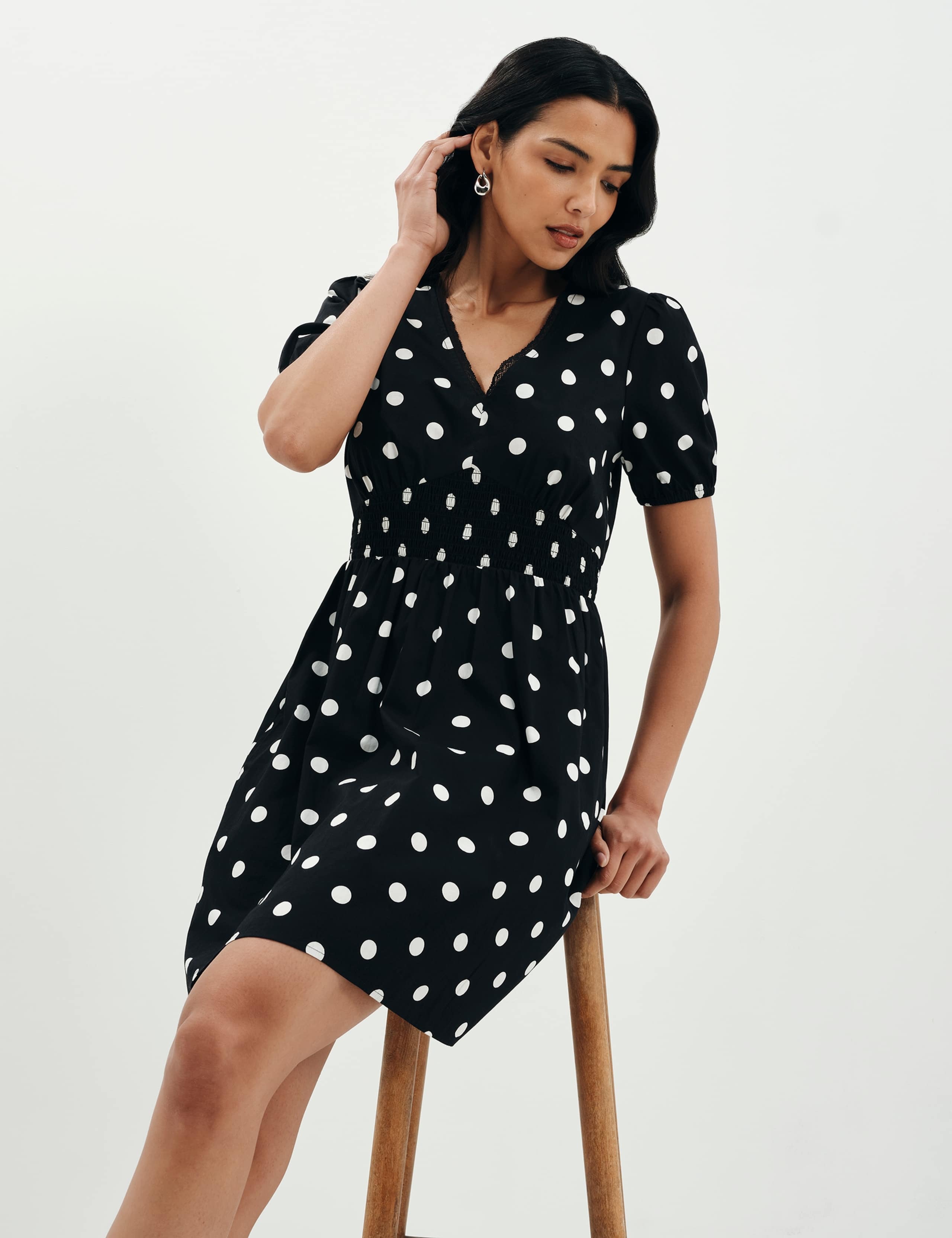 Pure Cotton Polka Dot V-Neck Mini Dress 5 of 9