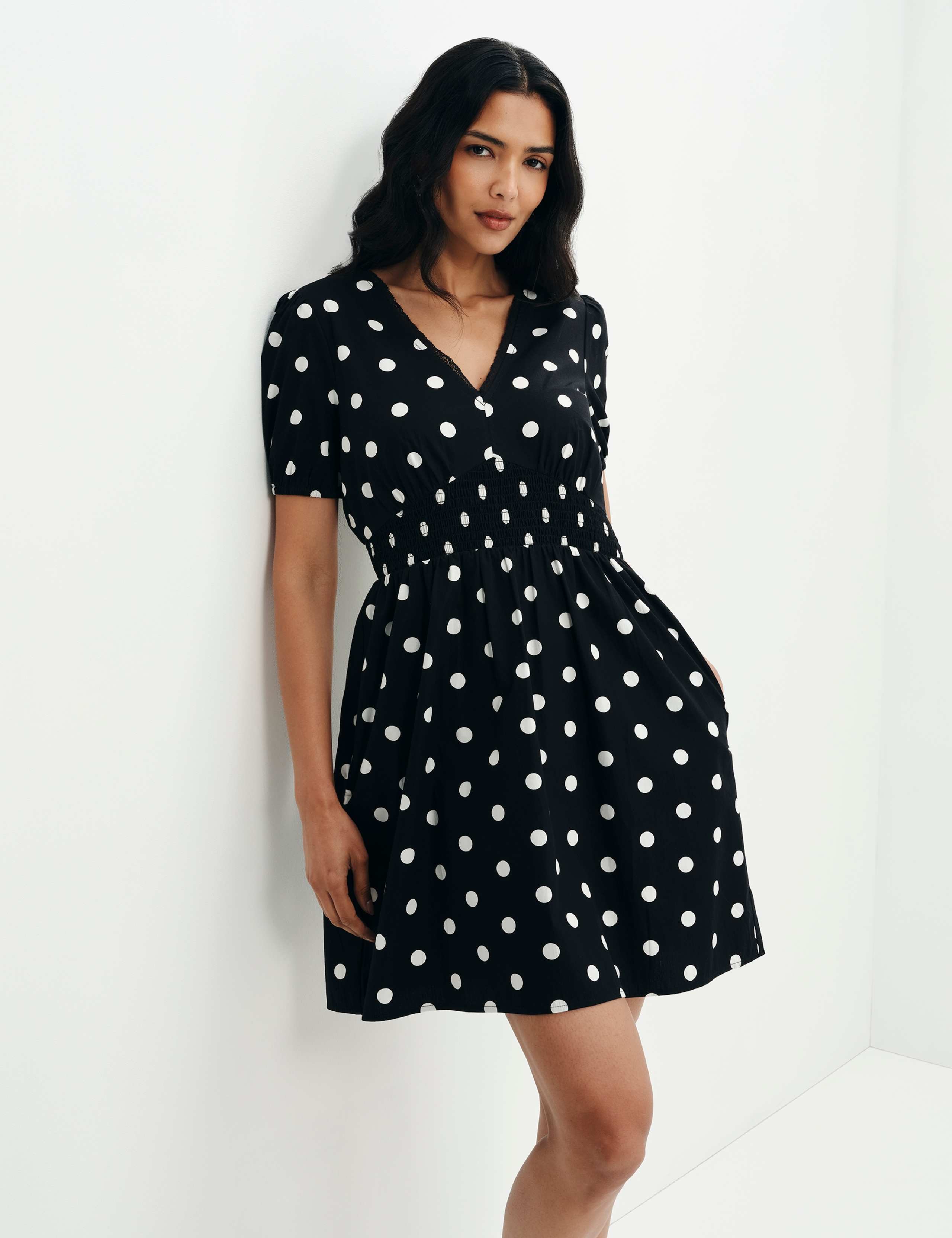 Pure Cotton Polka Dot V-Neck Mini Dress 6 of 9
