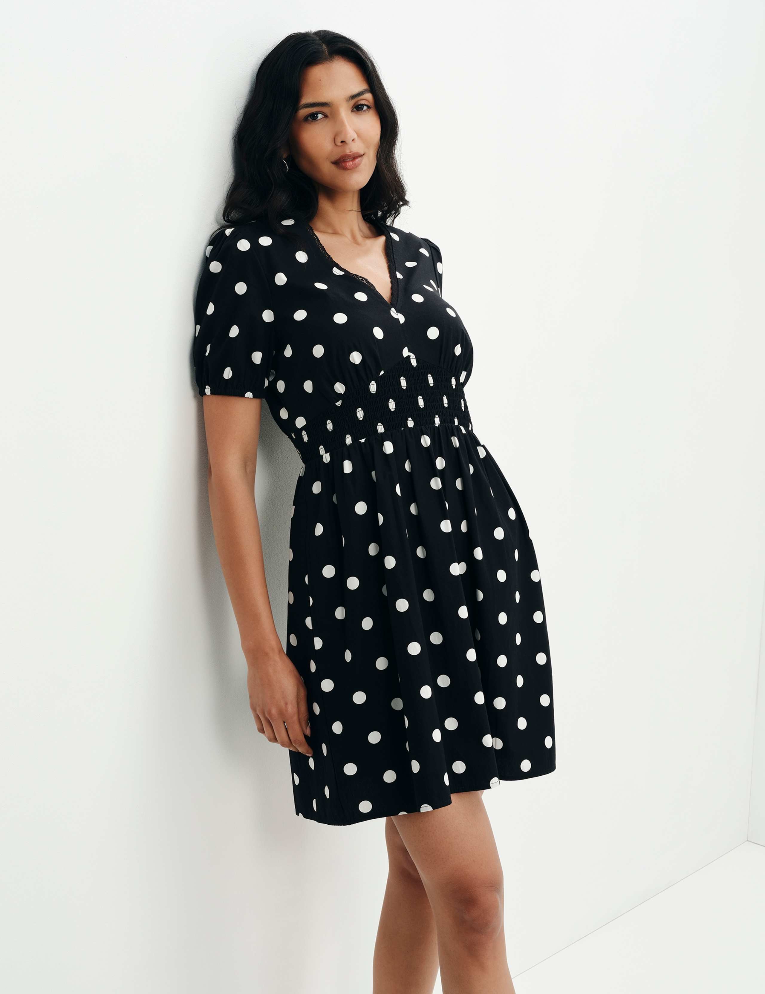 Pure Cotton Polka Dot V-Neck Mini Dress 7 of 9