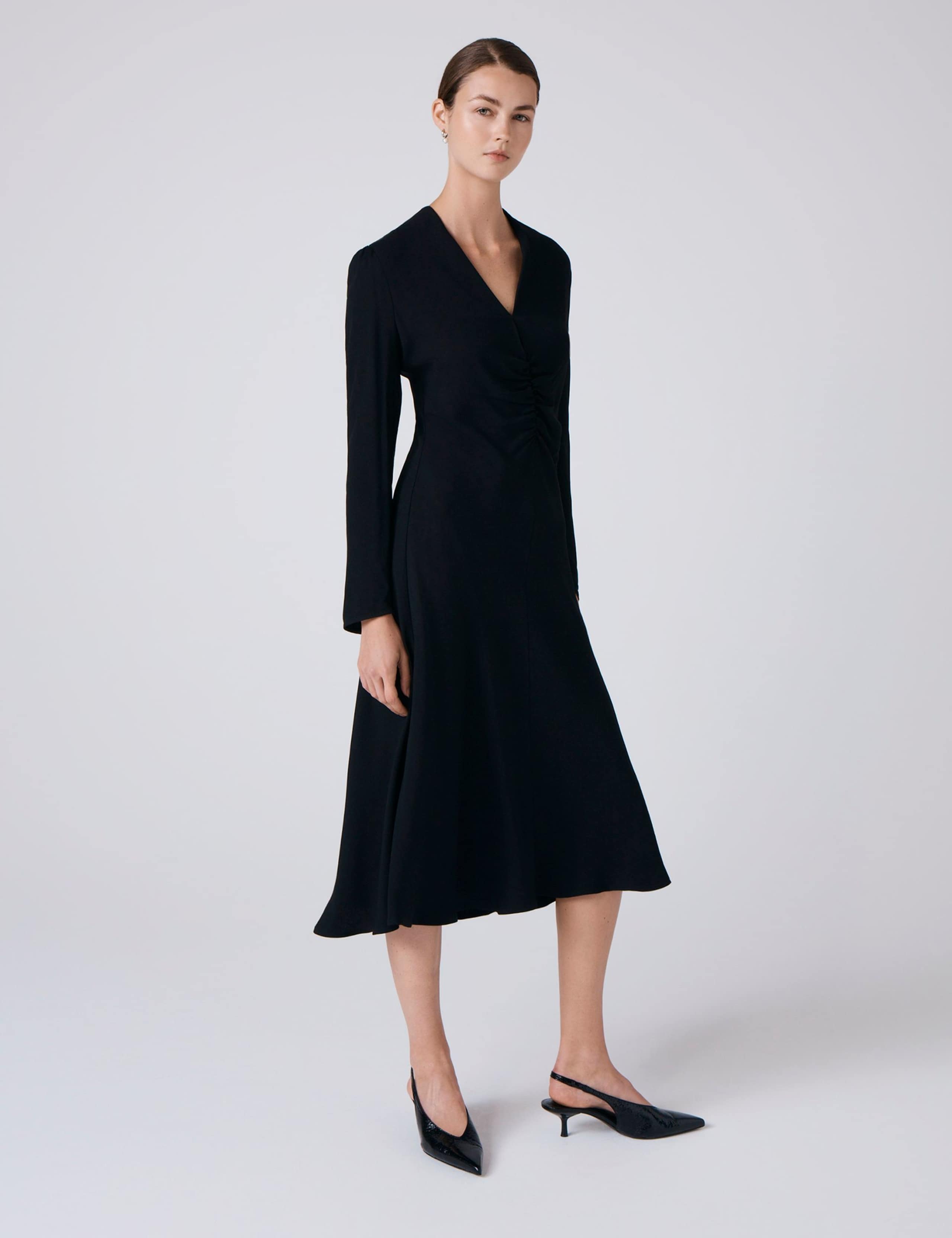 Crepe V-Neck Ruched Midi Skater Dress 2 of 6