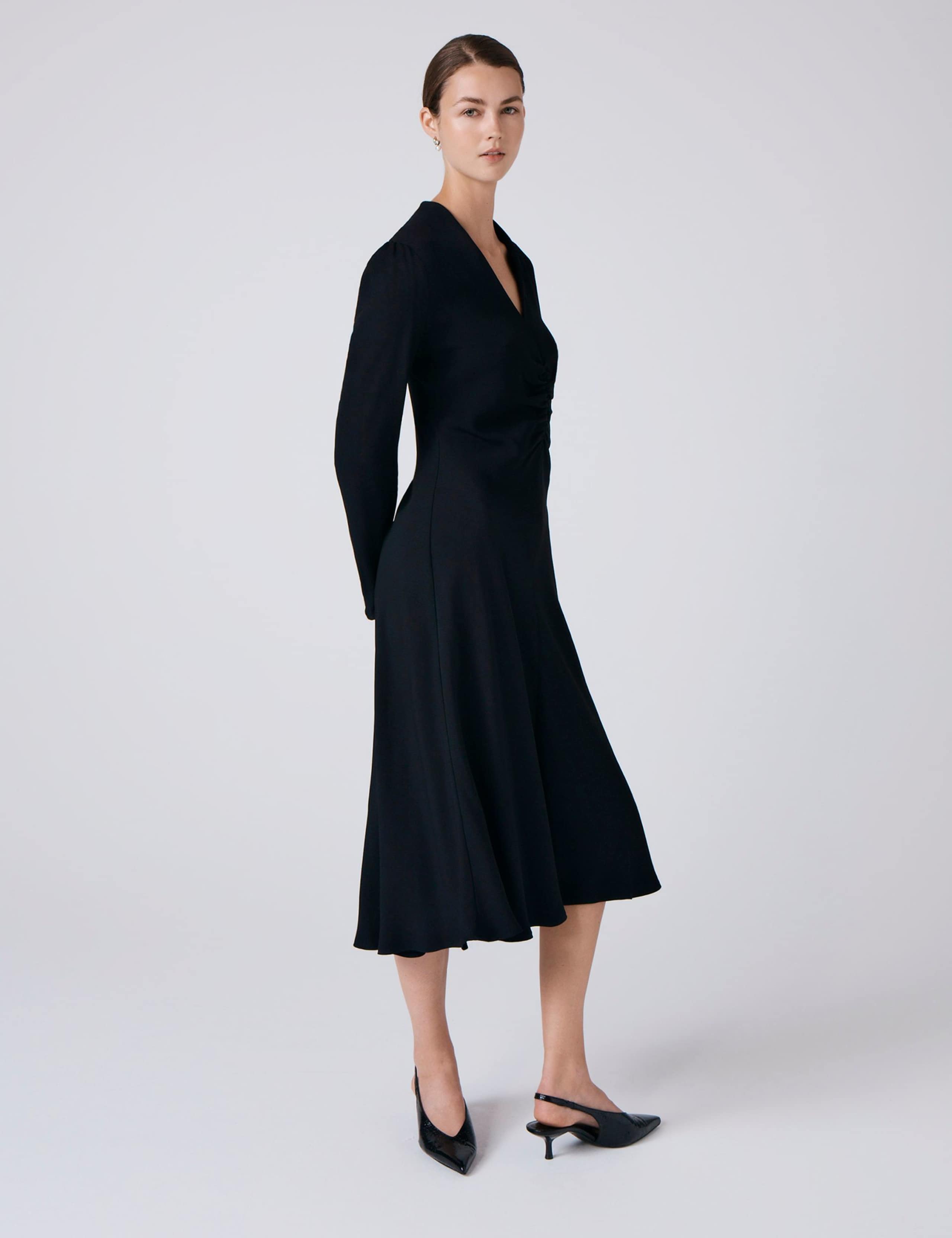 Crepe V-Neck Ruched Midi Skater Dress 4 of 6