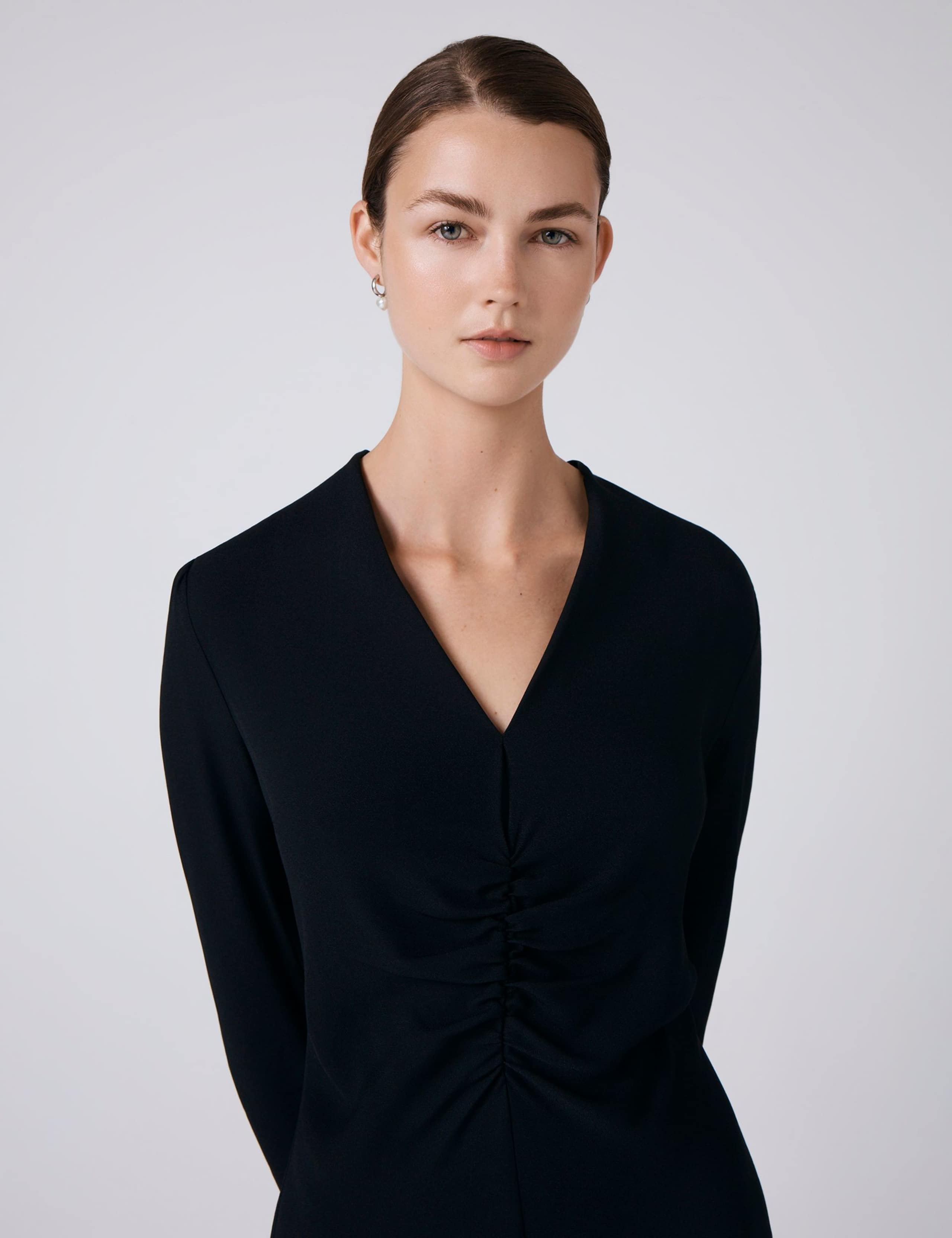 Crepe V-Neck Ruched Midi Skater Dress 5 of 6