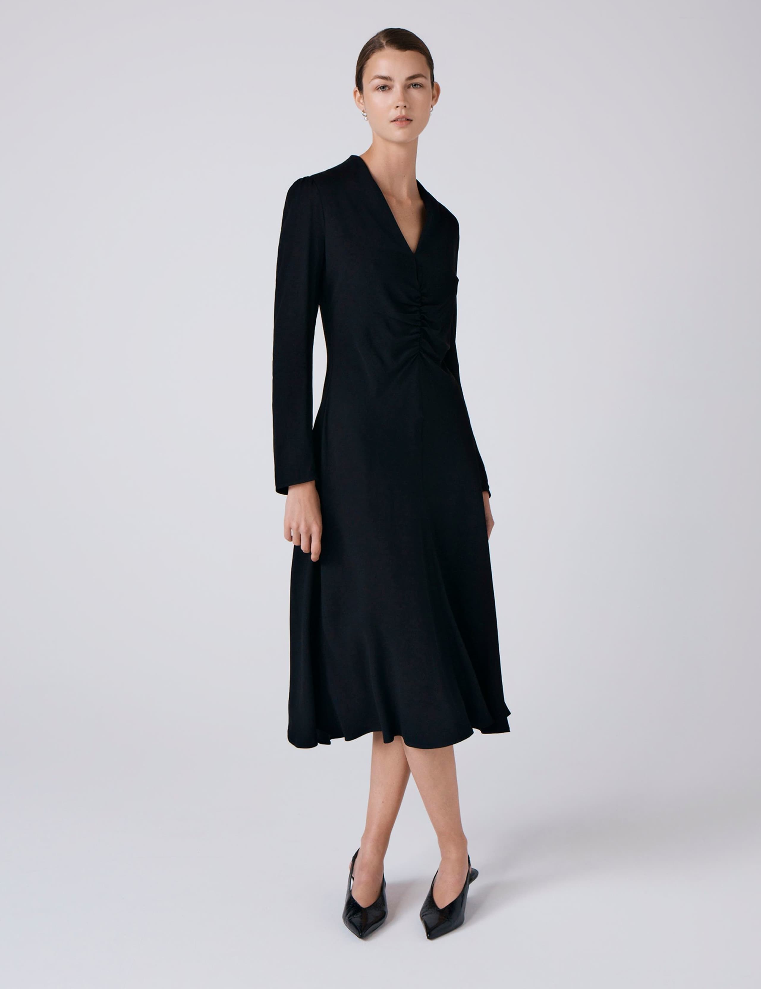 Crepe V-Neck Ruched Midi Skater Dress 6 of 6