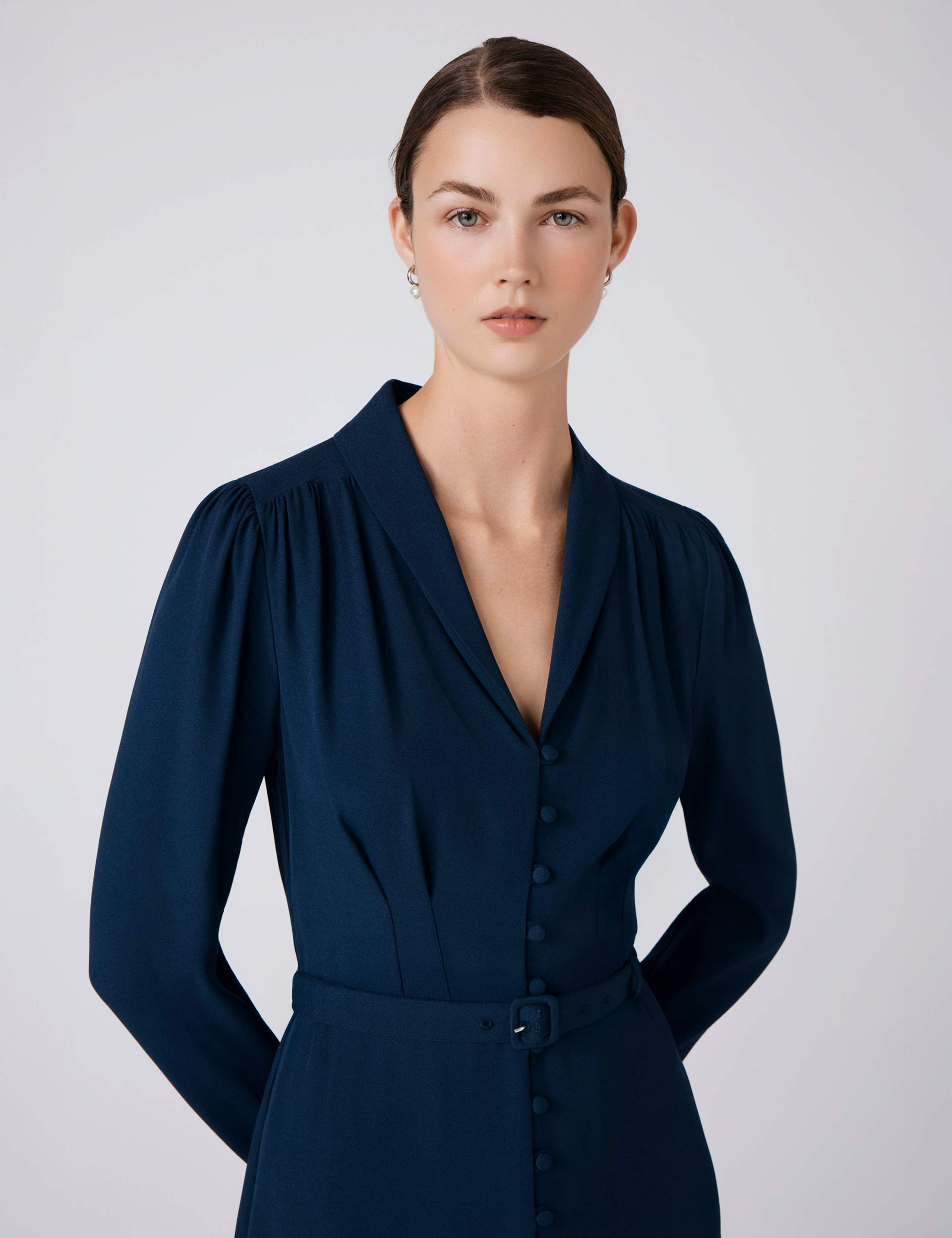 Crepe V-Neck Button Front Midi Waisted Dress 2 of 5