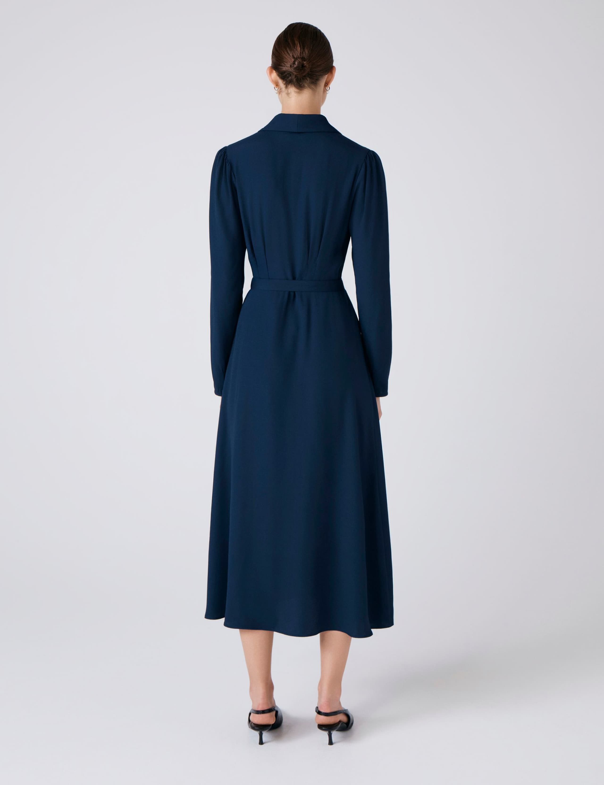 Crepe V-Neck Button Front Midi Waisted Dress 3 of 5