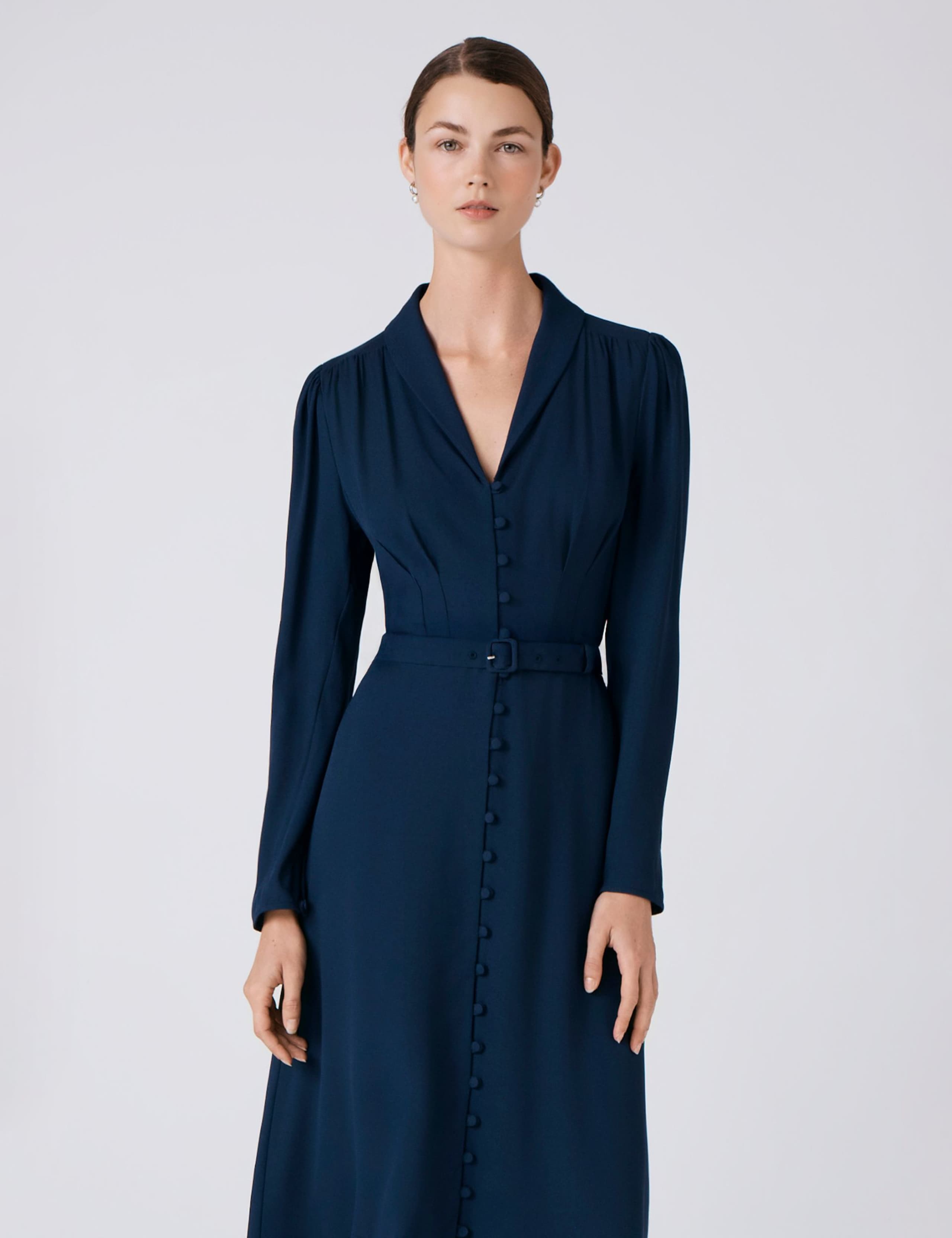 Crepe V-Neck Button Front Midi Waisted Dress 4 of 5