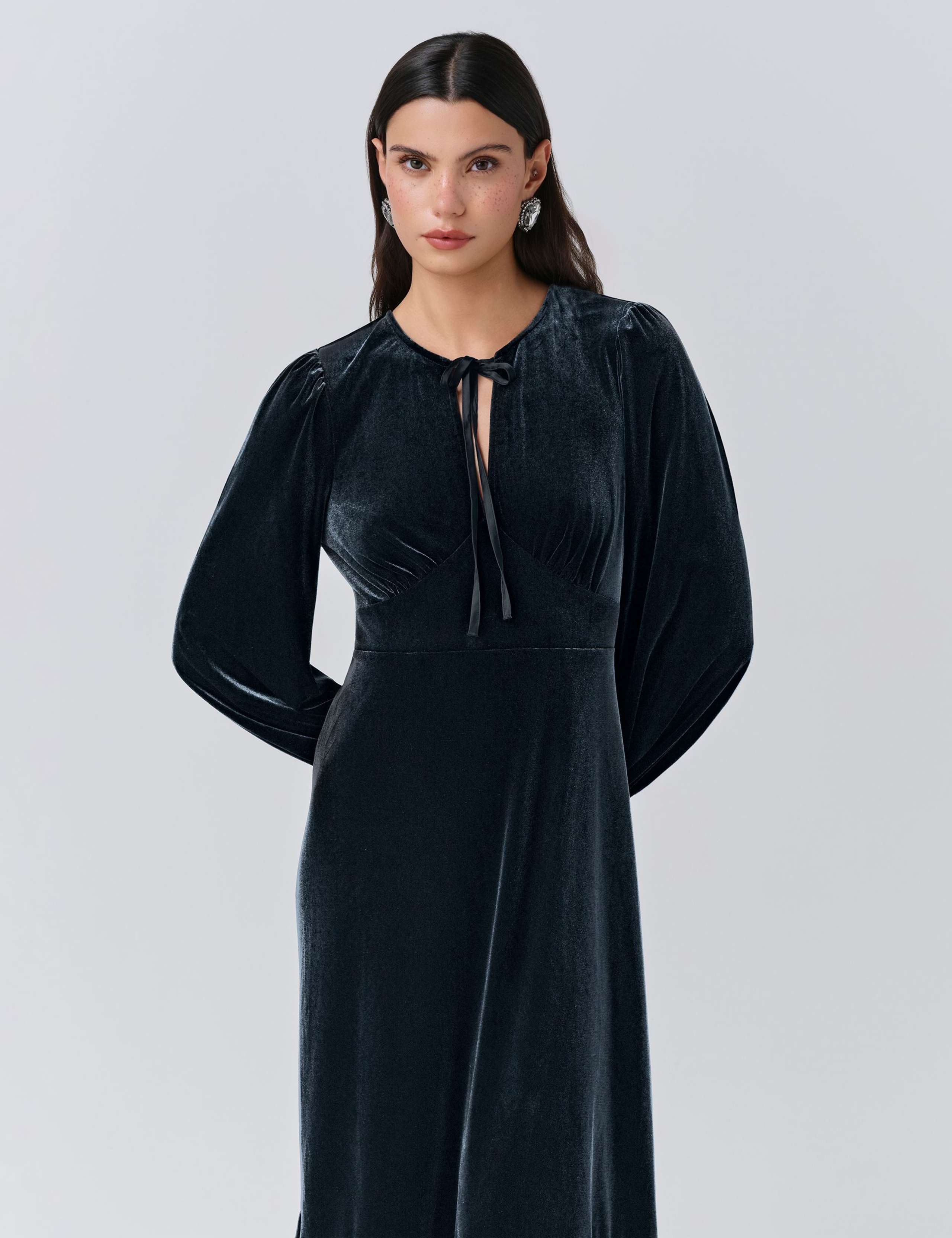 Velvet Tie Neck Midi Tiered Dress 2 of 5