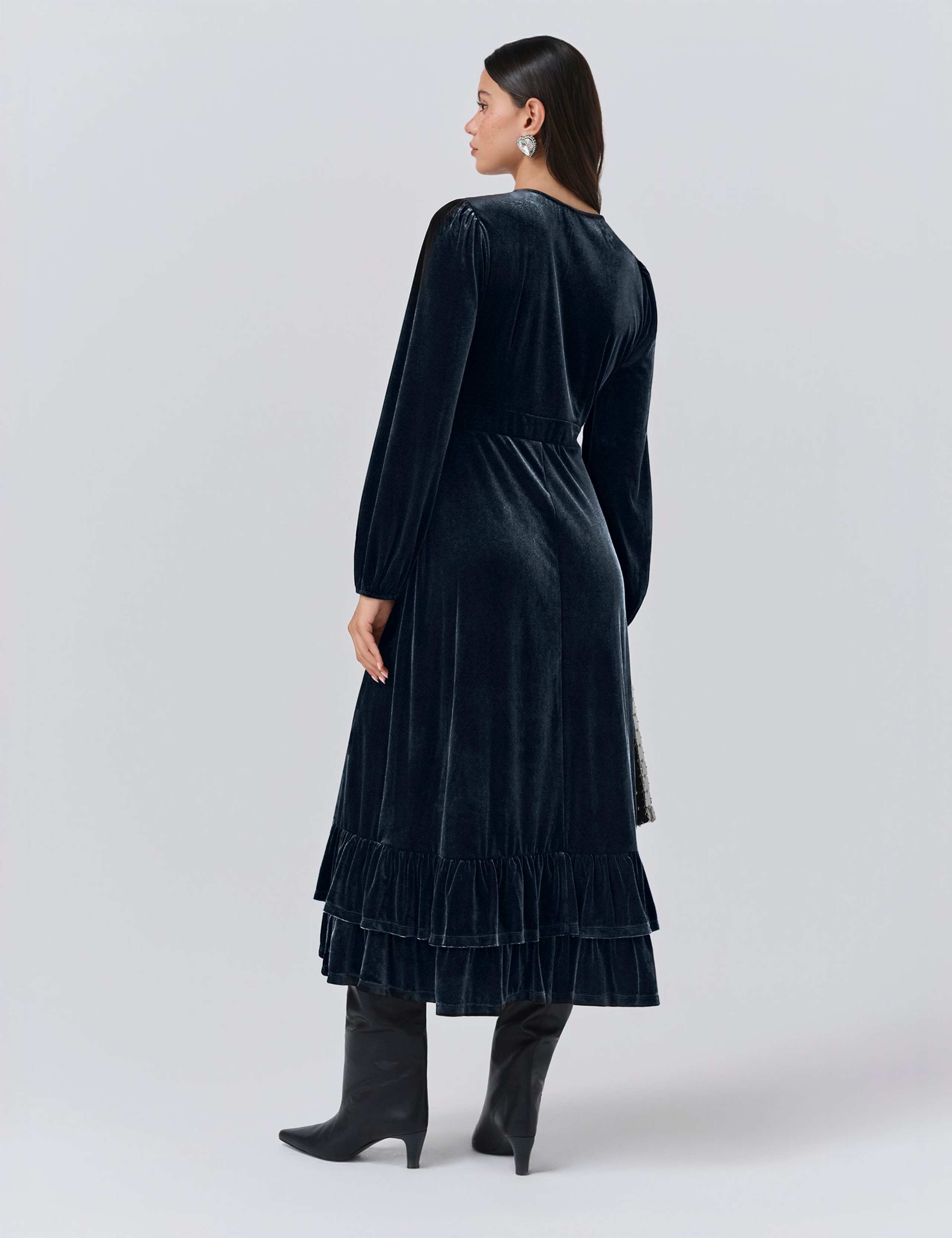 Velvet Tie Neck Midi Tiered Dress 3 of 5