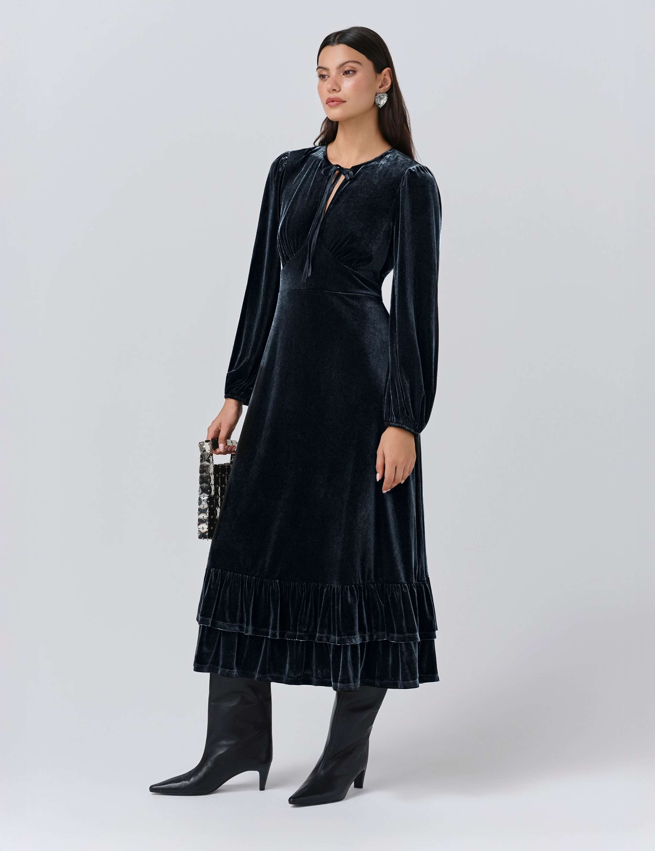 Velvet Tie Neck Midi Tiered Dress 4 of 5