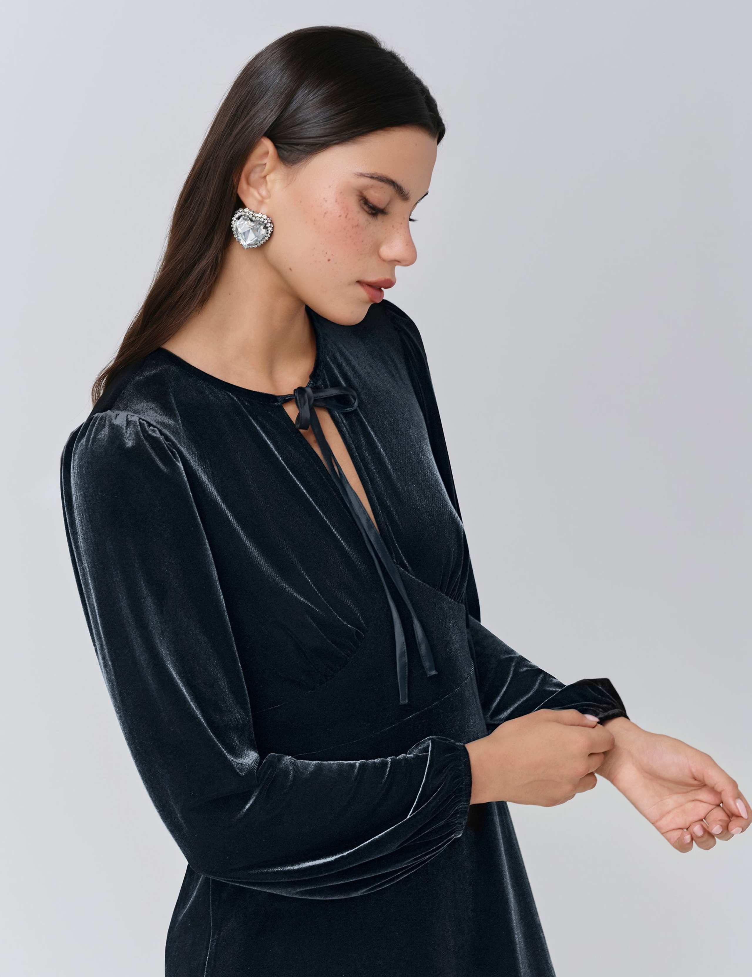 Velvet Tie Neck Midi Tiered Dress 5 of 5