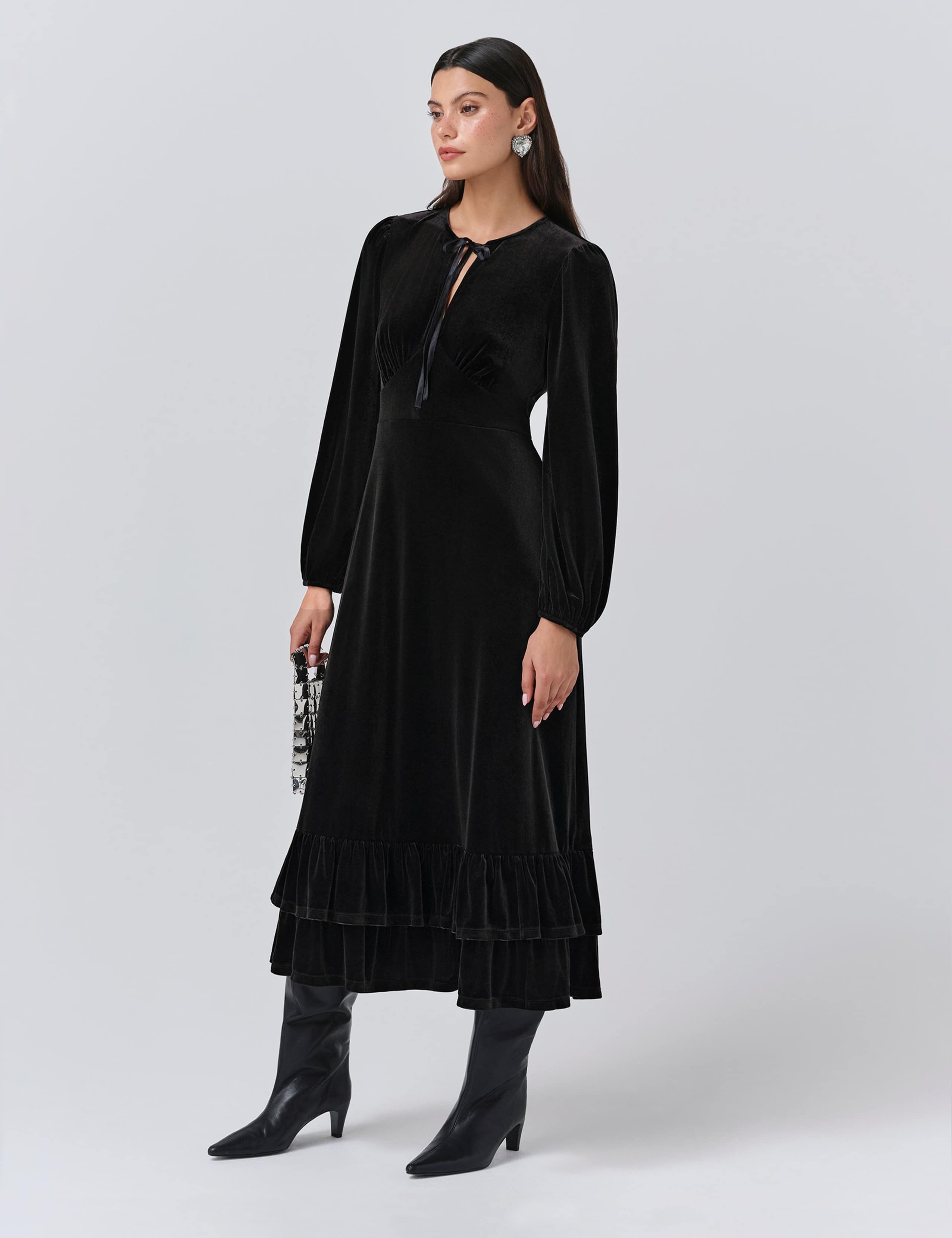 Velvet Tie Neck Midi Tiered Dress 2 of 5