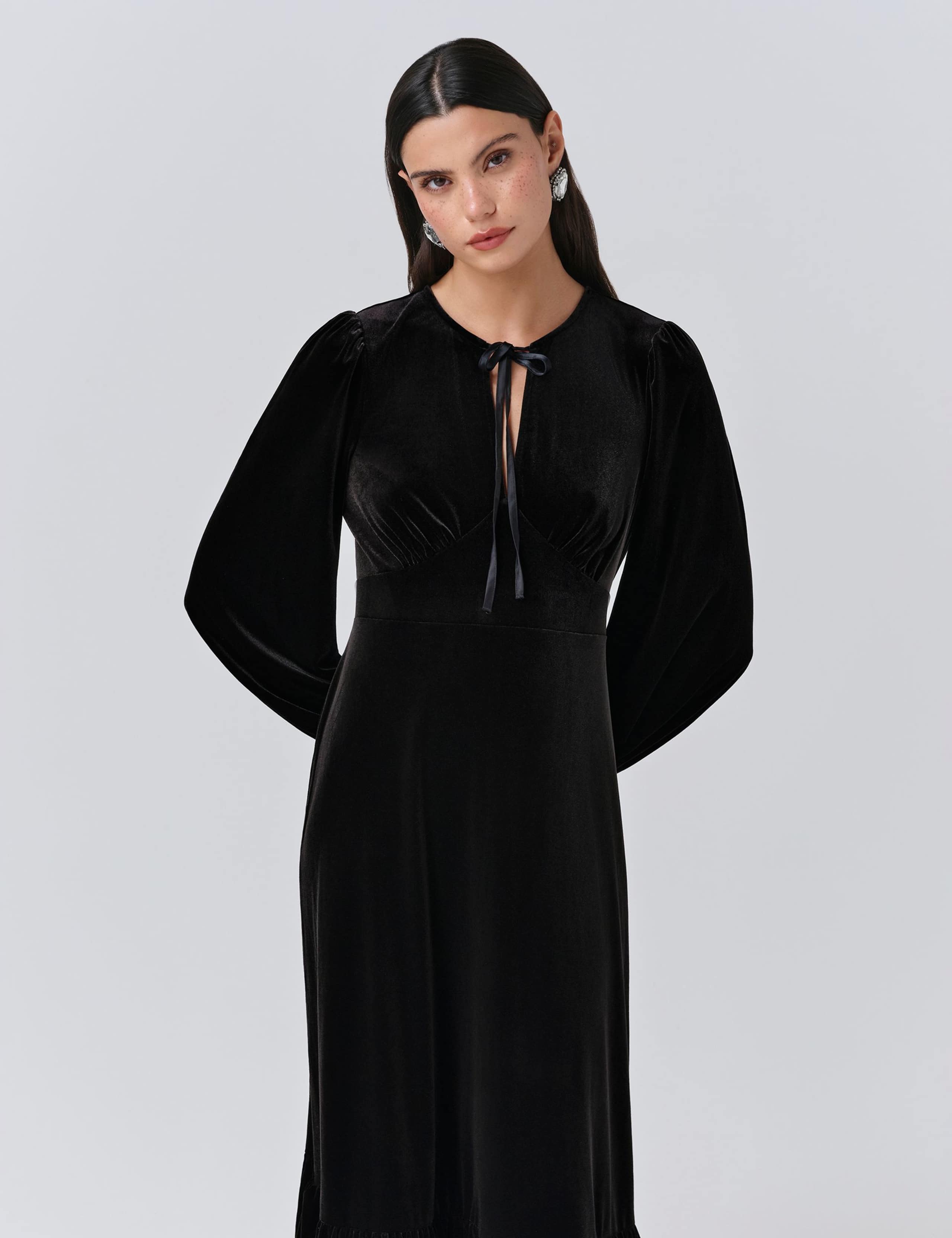 Velvet Tie Neck Midi Tiered Dress 4 of 5