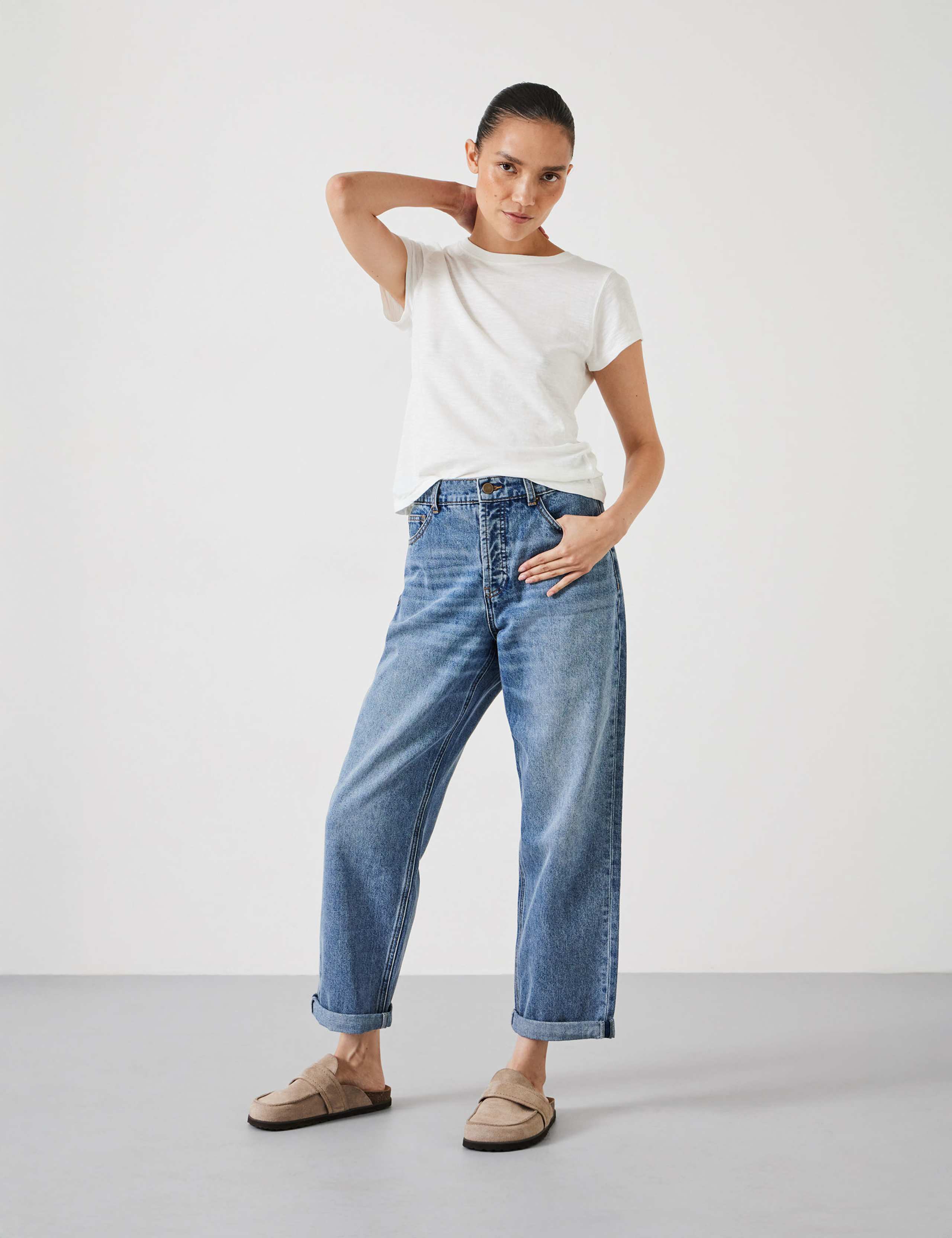 Boyfriend Mid Rise Cropped Turn Up Jeans 1 of 5