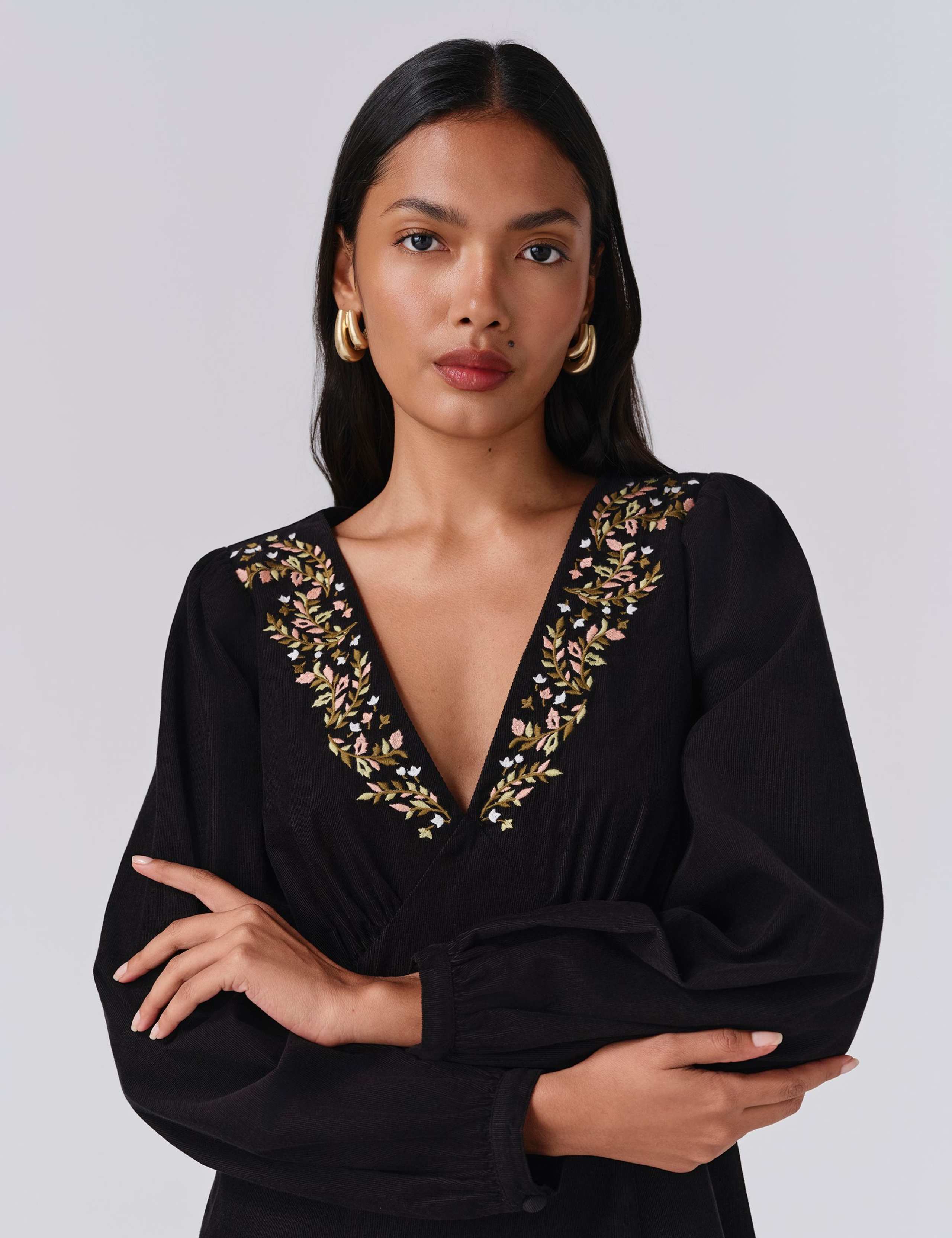 Pure Cotton Cord Embroidered V-Neck Mini Dress 5 of 5