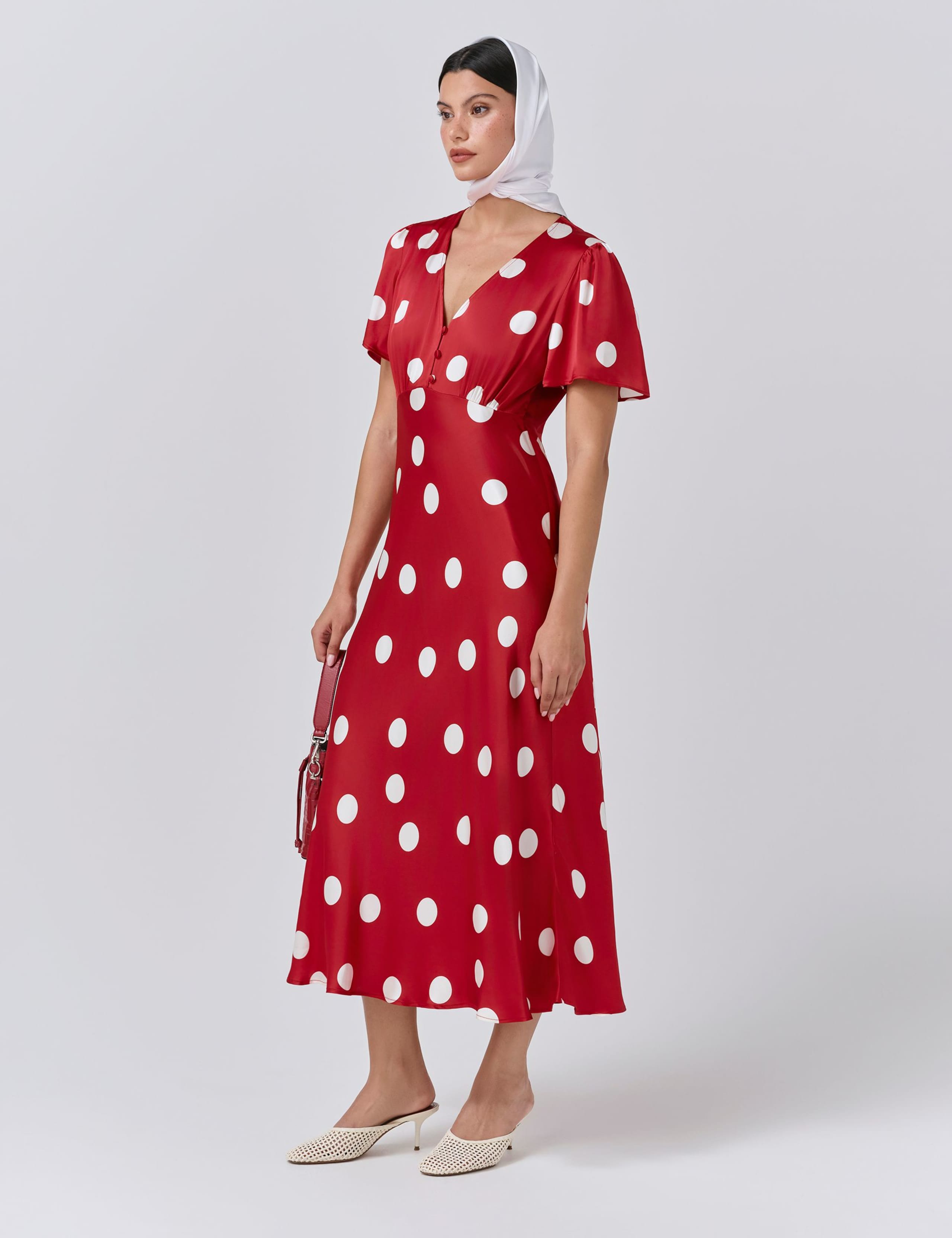 Satin Polka Dot V-Neck Tea Dress 2 of 5