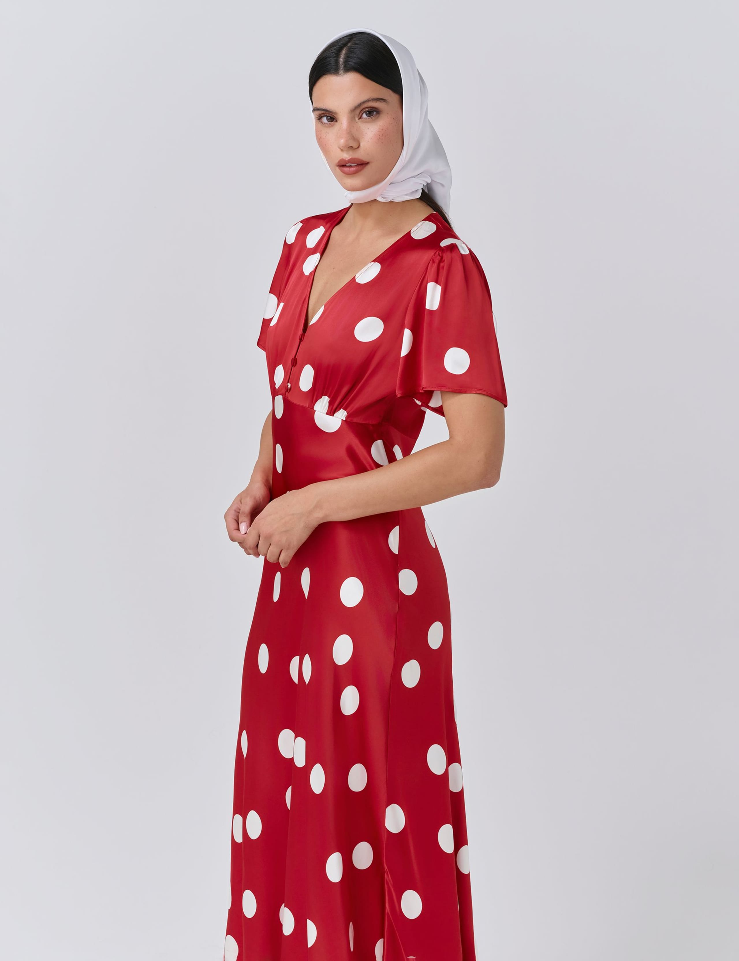 Satin Polka Dot V-Neck Tea Dress 4 of 5