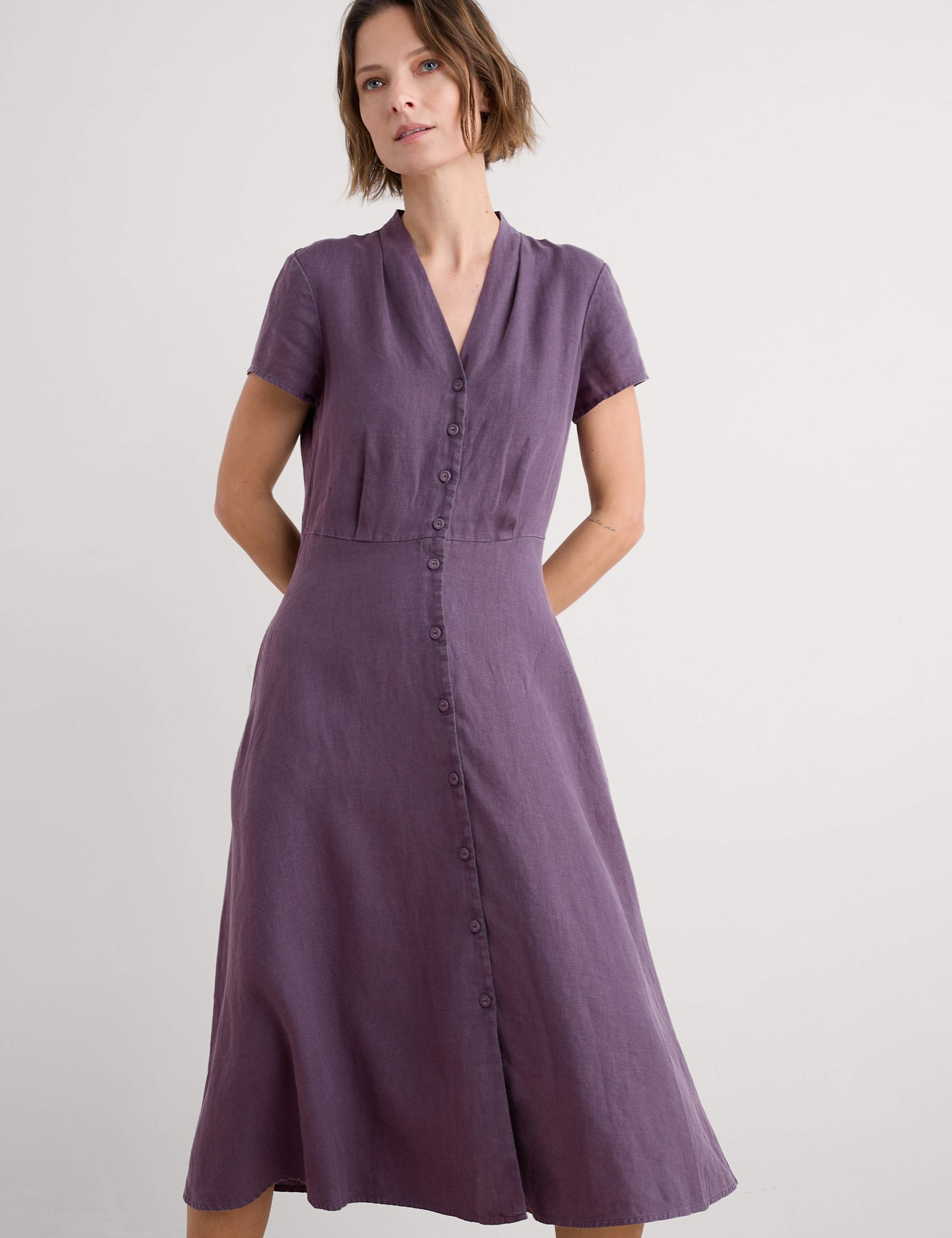 Pure Linen V-Neck Midi Shirt Dress 3 of 4
