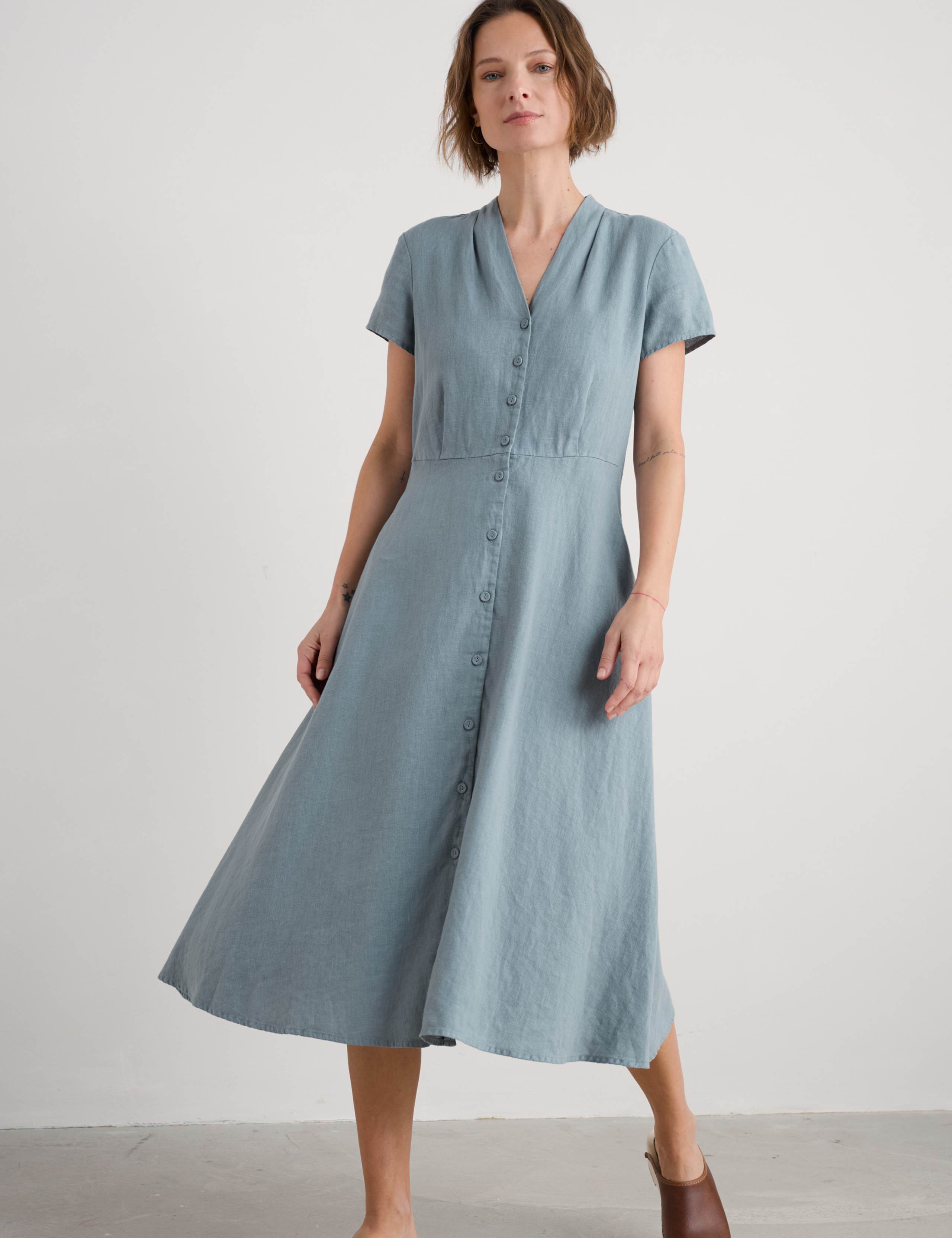 Pure Linen V-Neck Midi Shirt Dress 3 of 4
