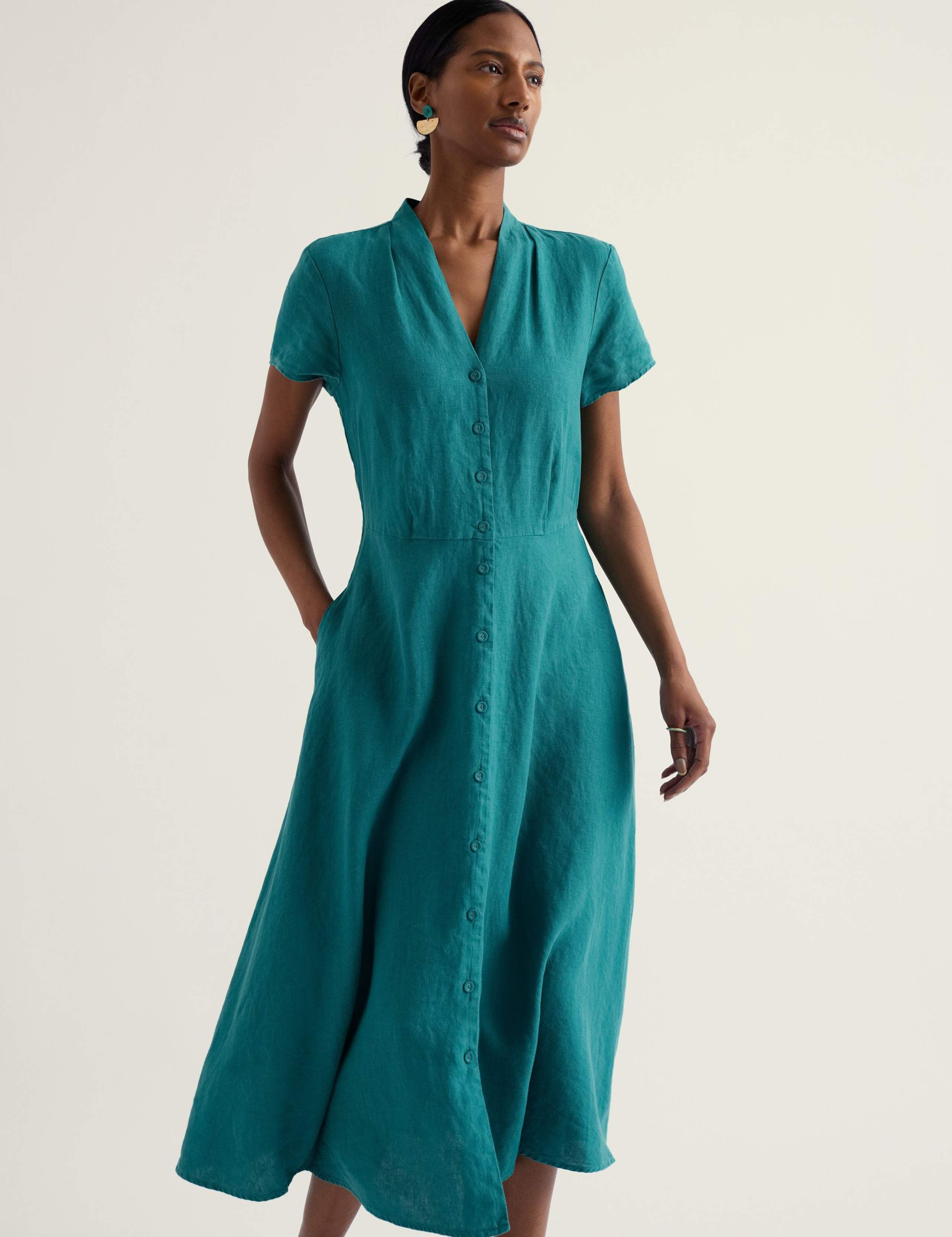 Pure Linen V-Neck Midi Shirt Dress 3 of 4