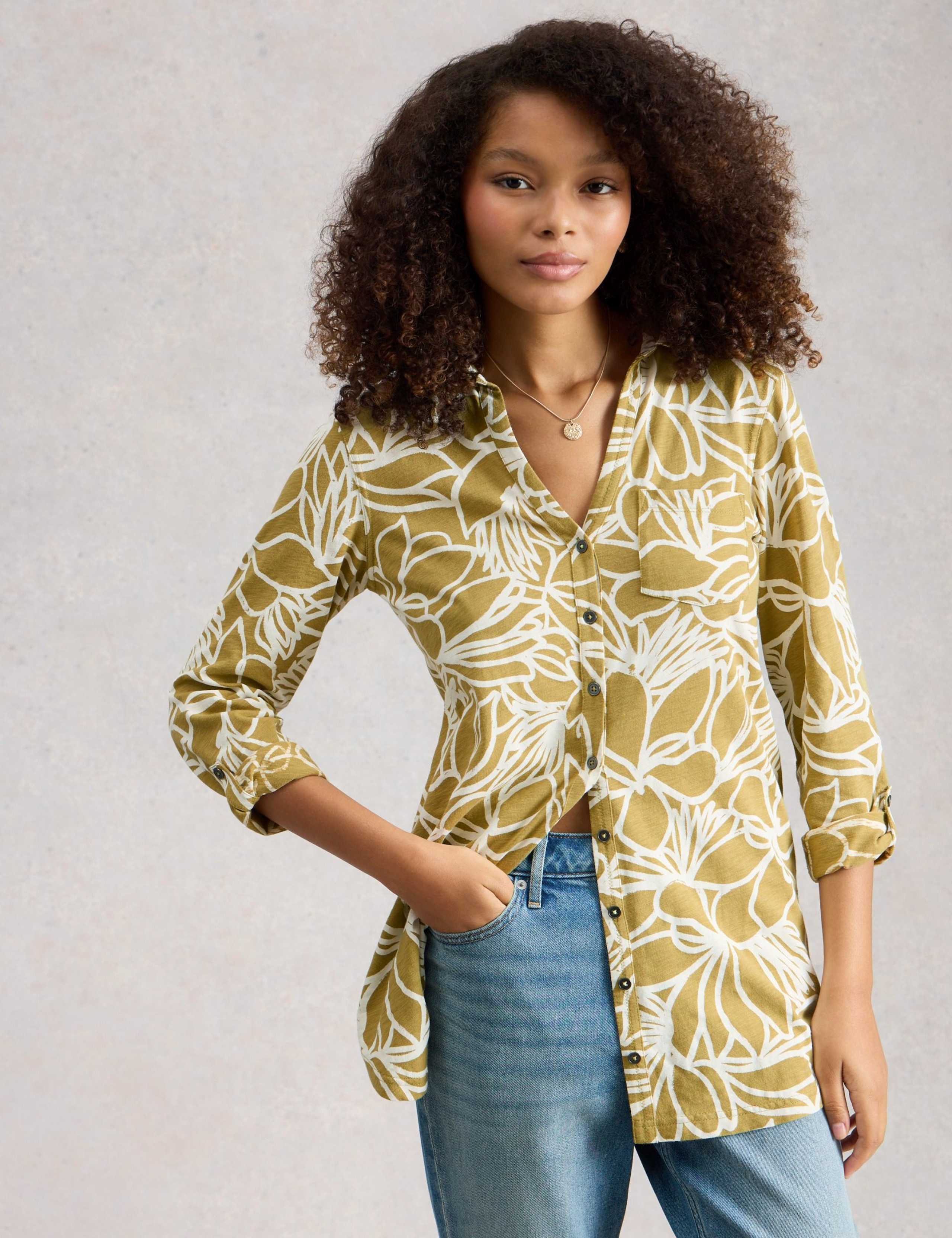 Pure Cotton Floral Collared Longline Shirt 1 of 6