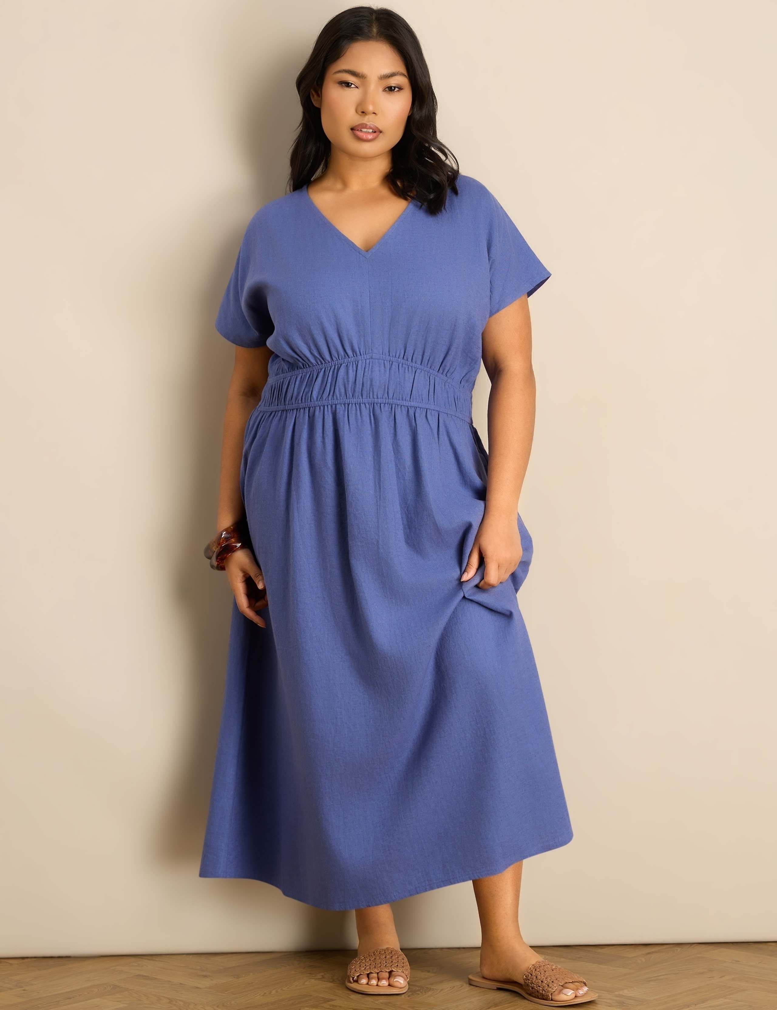 Linen Blend V-Neck Empire Line Midaxi Dress 1 of 6