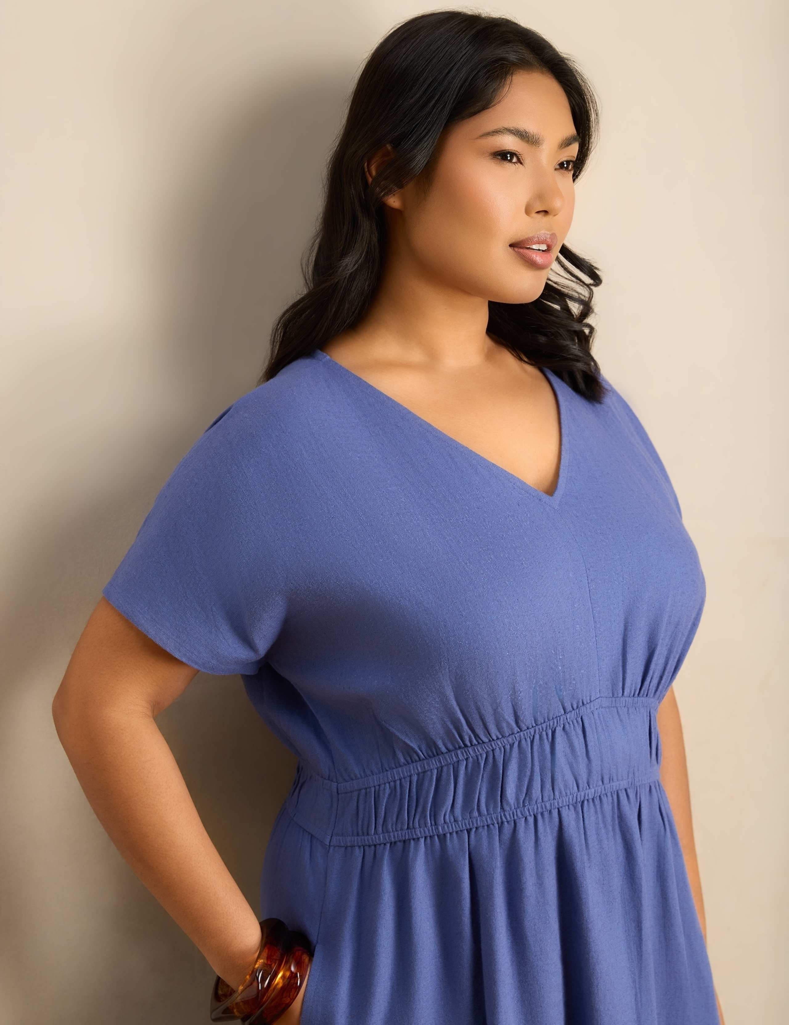 Linen Blend V-Neck Empire Line Midaxi Dress 3 of 6