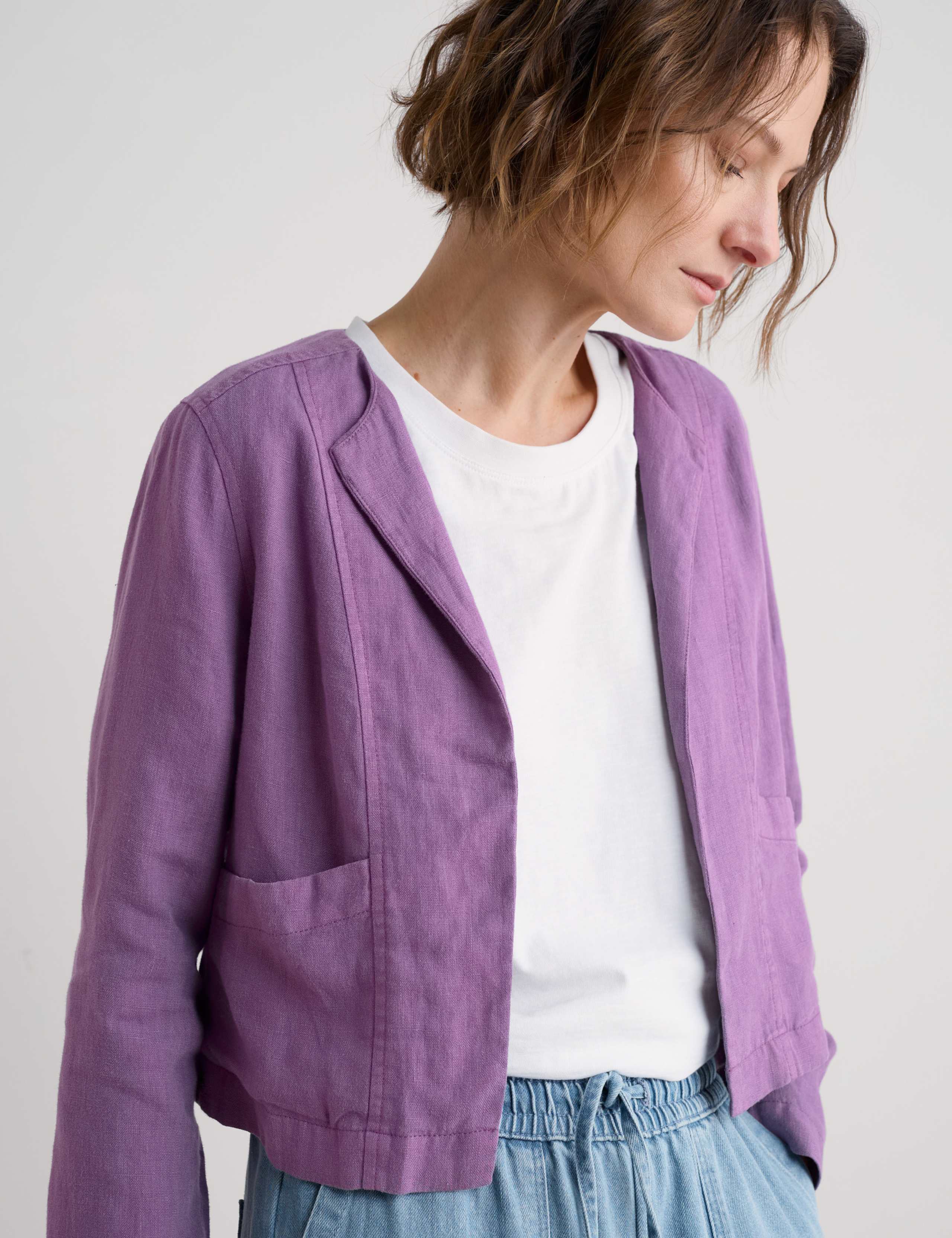 Pure Linen Collarless Cropped Jacket 3 of 4