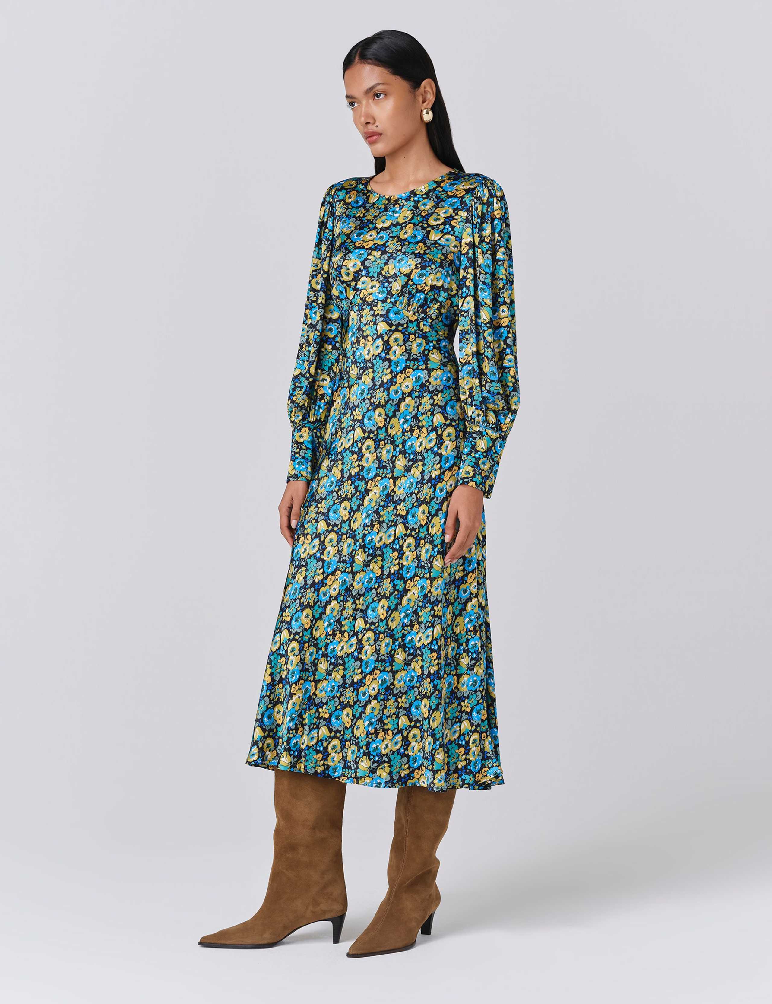 Satin Floral Round Neck Midi Tea Dress 2 of 5