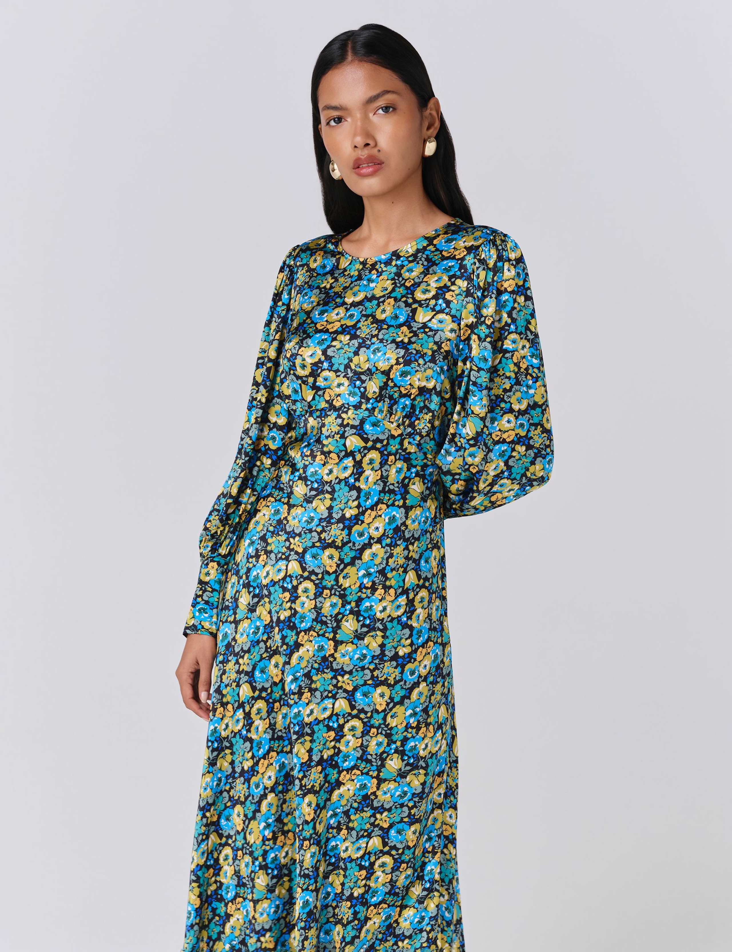 Satin Floral Round Neck Midi Tea Dress 4 of 5