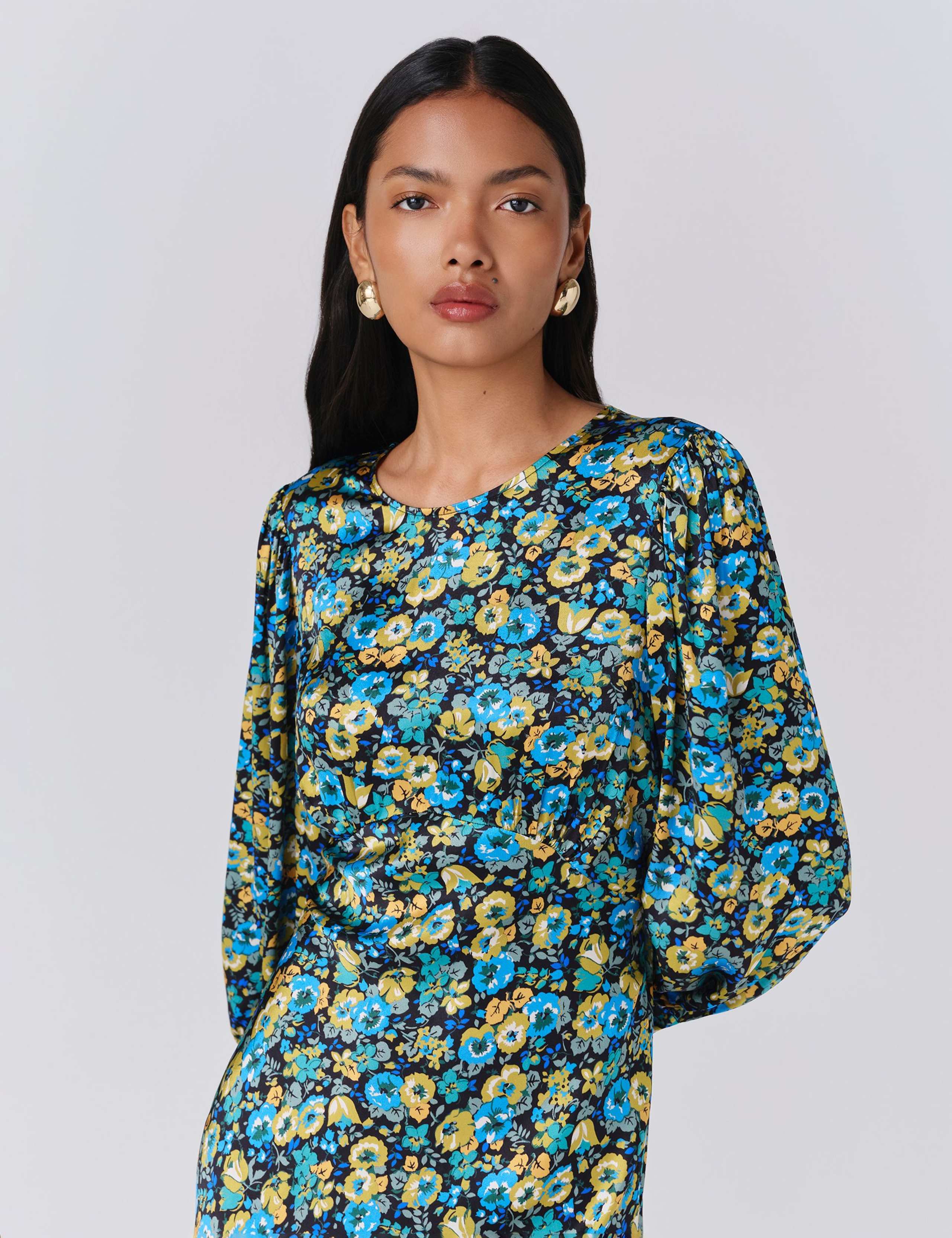 Satin Floral Round Neck Midi Tea Dress 5 of 5