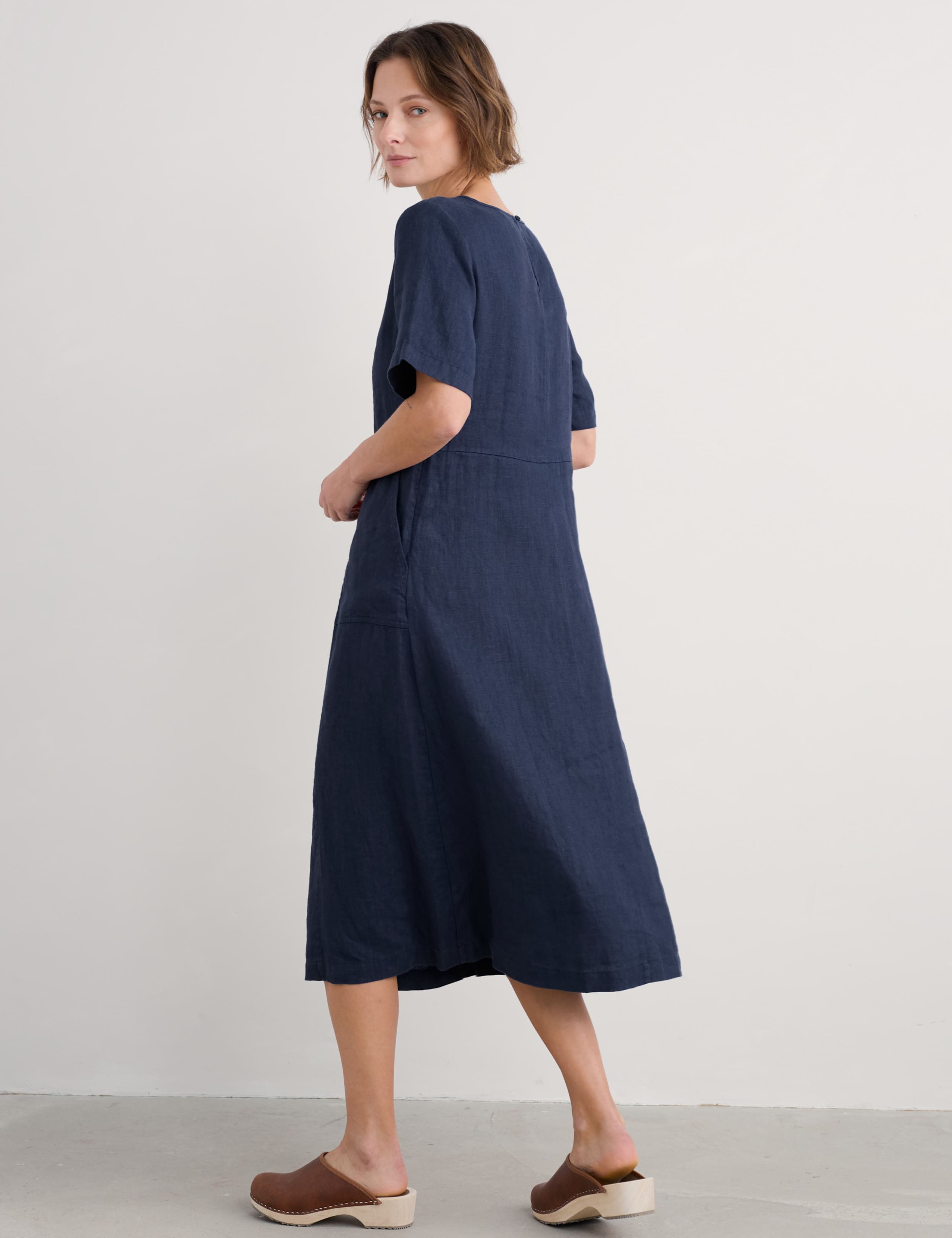 Pure Linen Scoop Neck Midi Waisted Dress 4 of 5